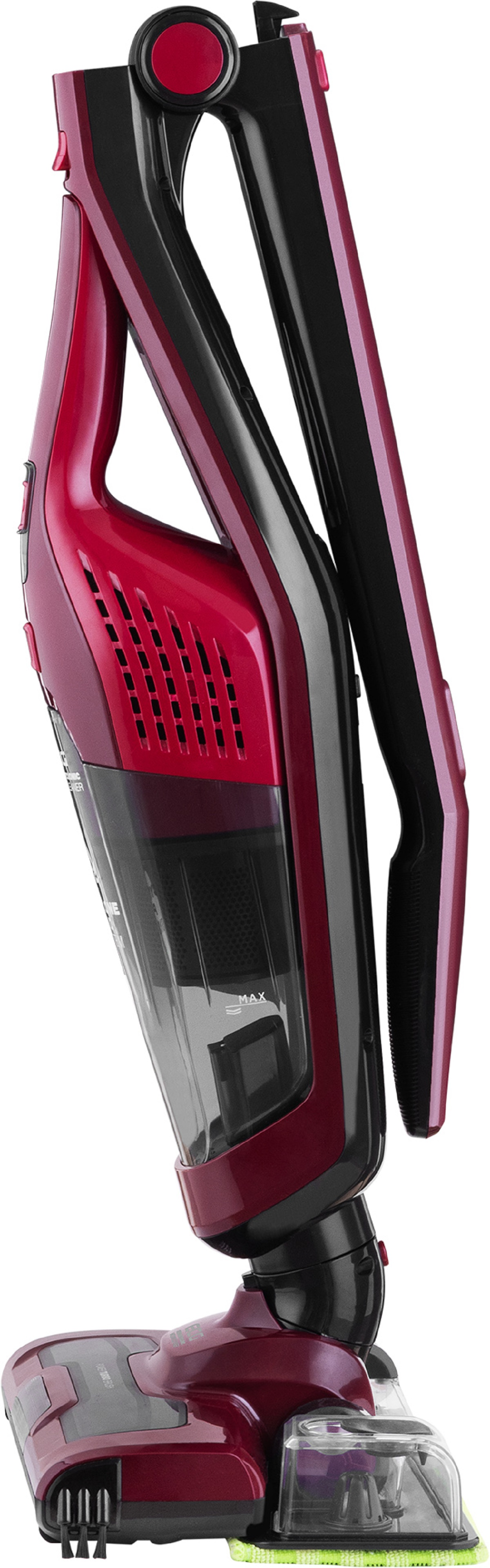 Aspirapolvere cordless bordeaux, vista frontale. Design nero e rosso. Testa e corpo visibili.