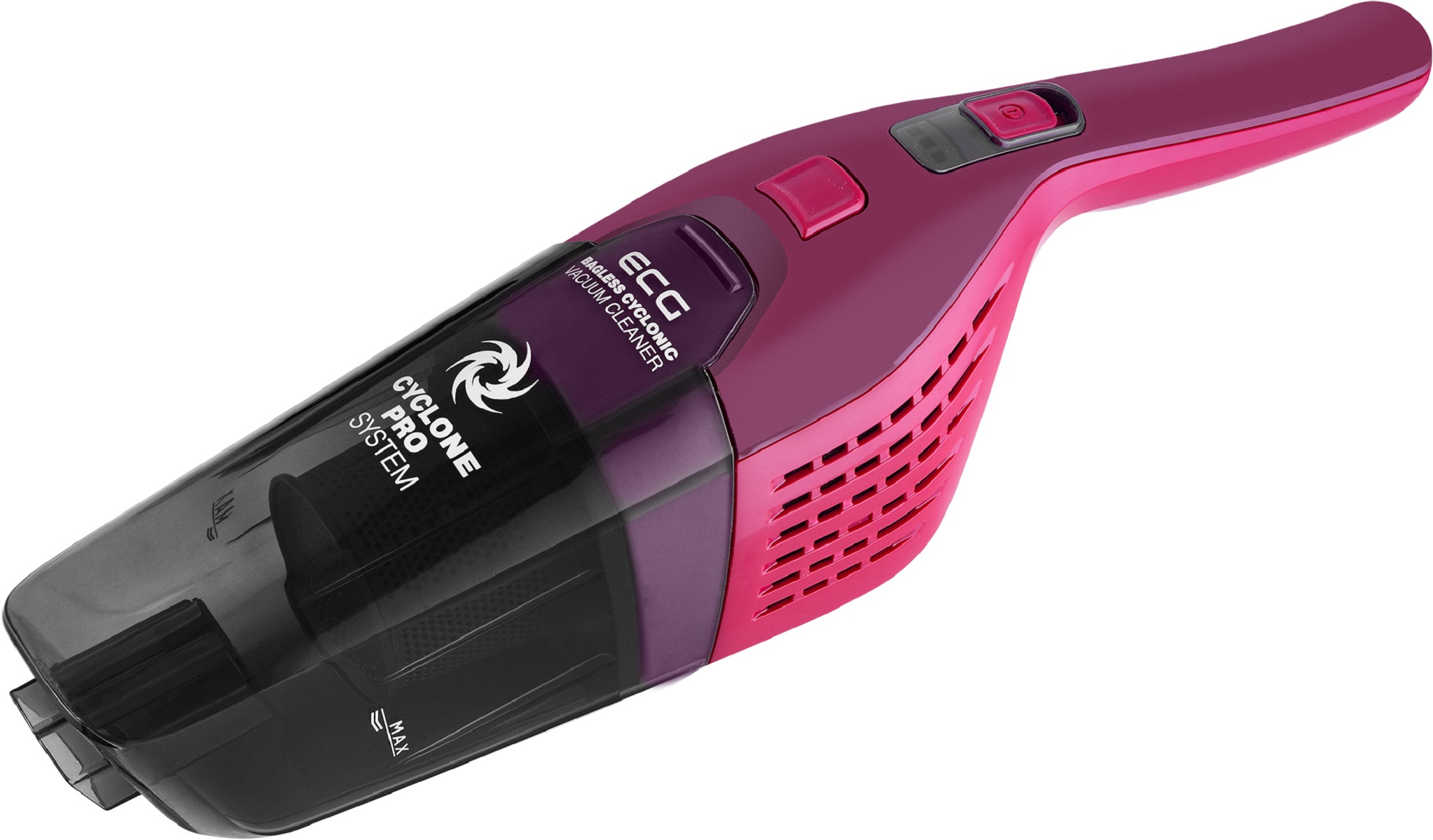 Aspirapolvere portatile bordeaux. Contenitore polvere nero e pulsanti rosa. Nome 'ECC'.