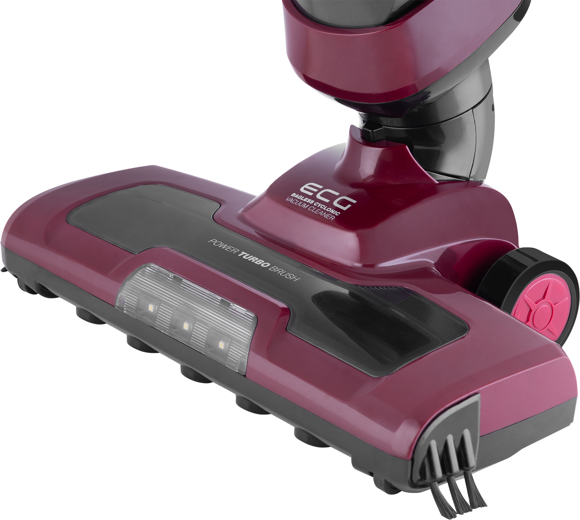 Testa di aspirapolvere bordeaux. Nome 'Power Turbo Brush'. Dettagli neri e grigi.