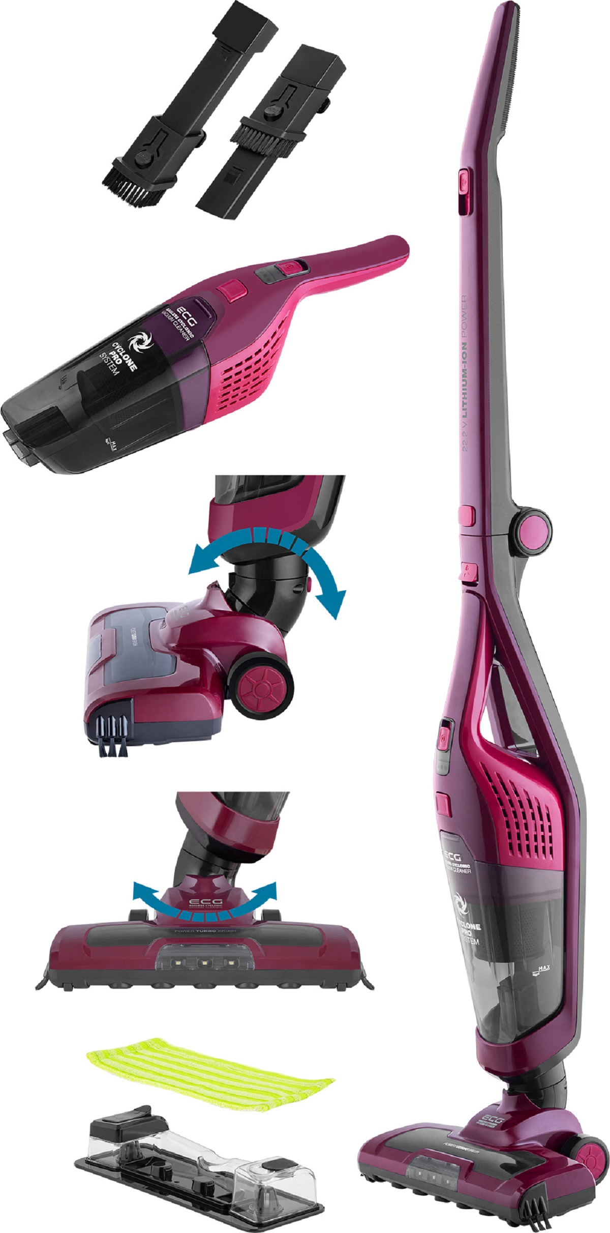 Aspirapolvere cordless e parti. Aspirapolvere, accessori, tampone pulizia e spazzola, su bianco.