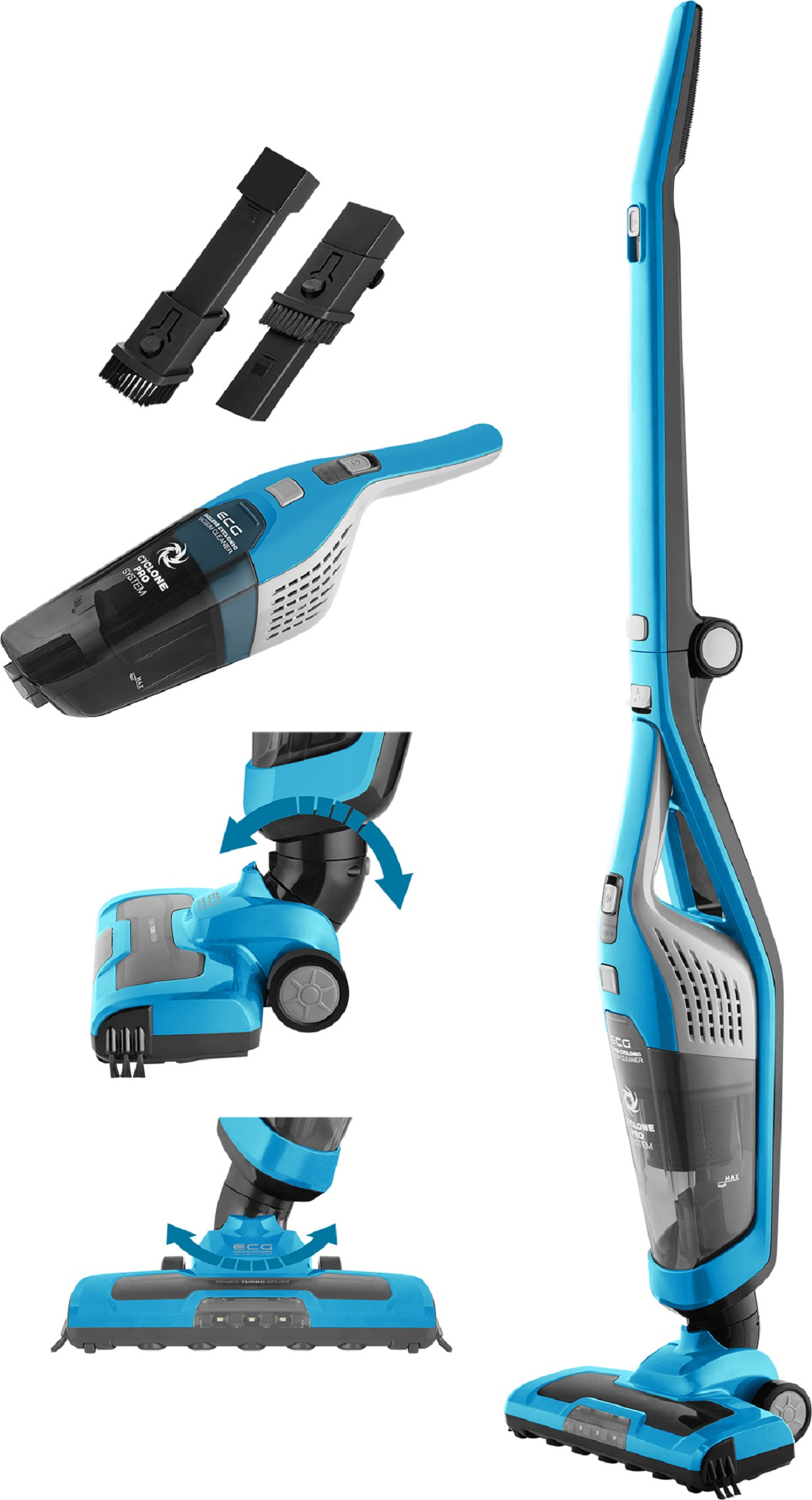 Aspirapolvere senza fili blu e nero con accessori.