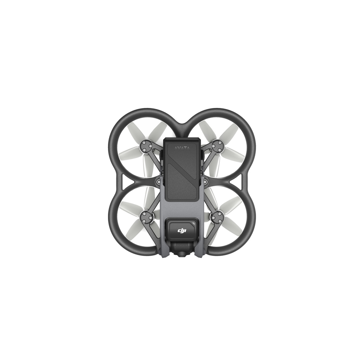 Dron con cuatro hélices. El dron es gris y negro. Las hélices son blancas.