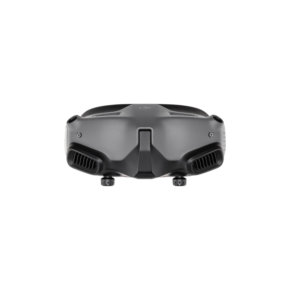 Auriculares VR gris oscuro, vista superior, con ventilación y ajustes, sobre un fondo blanco.