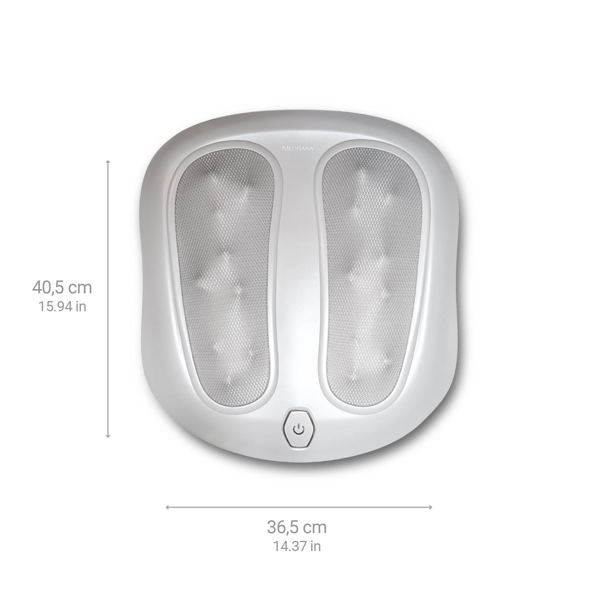 Masażer do stóp, widok z góry. Wymiary w cm i calach. Szare urządzenie z przyciskiem zasilania.
