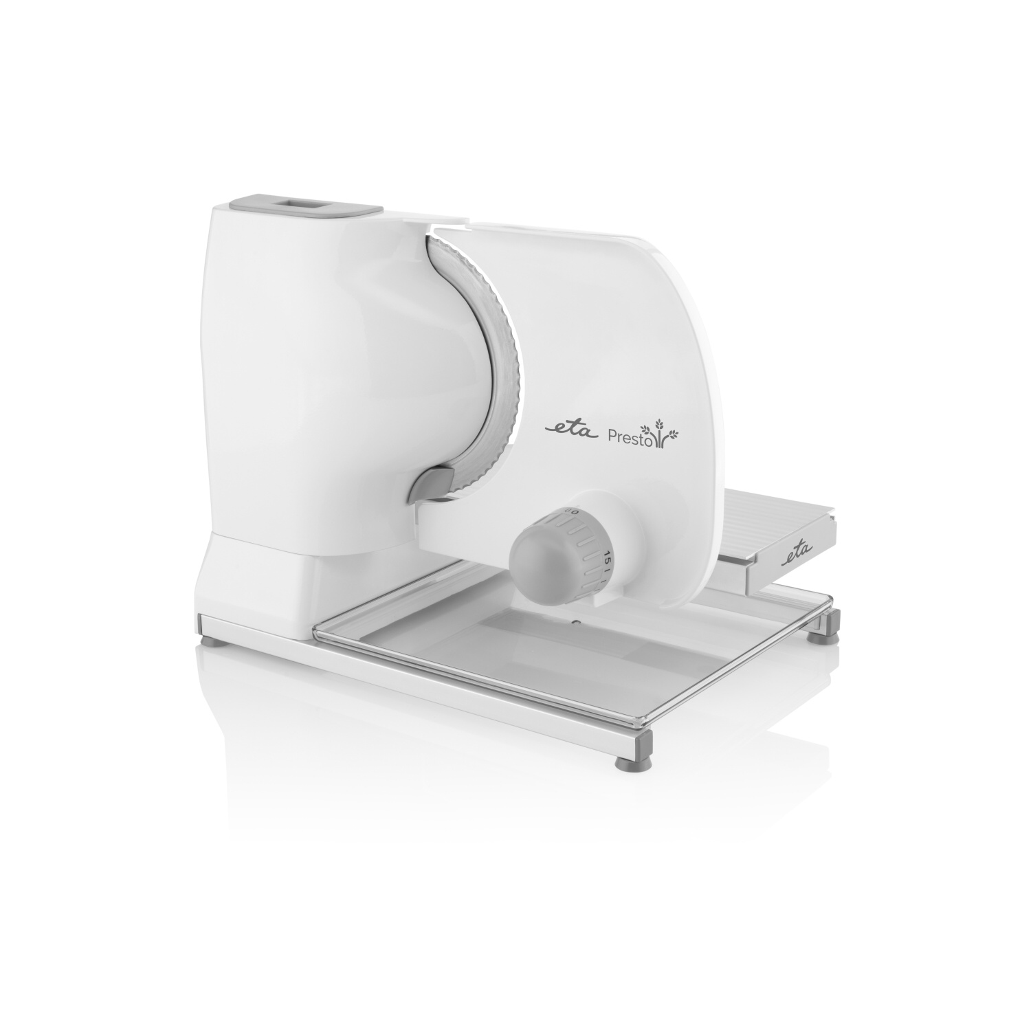 Biało-szara elektryczna krajalnica do mięsa na białym tle. Marka to eta Presto.