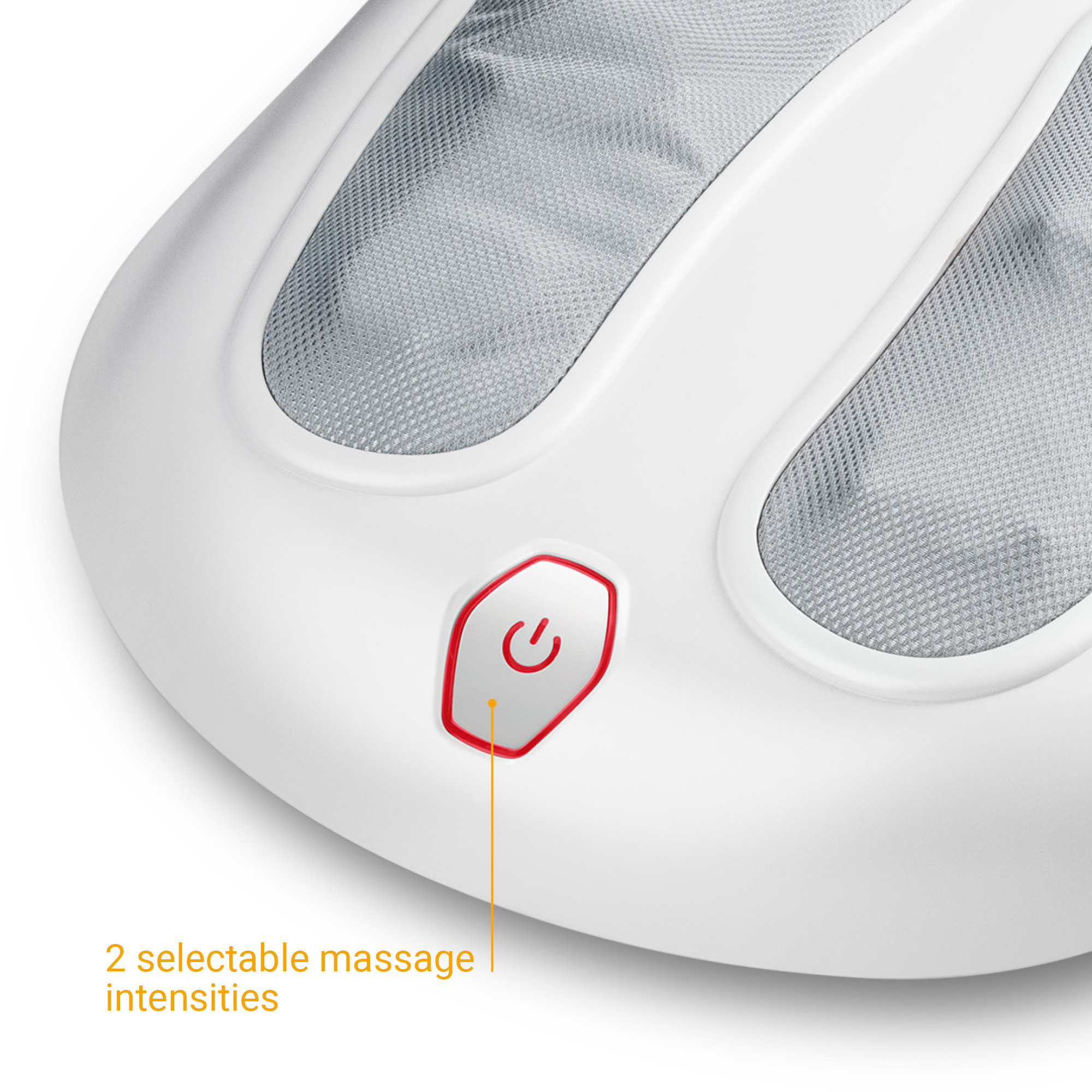 Biały masażer do stóp z przyciskiem zasilania.