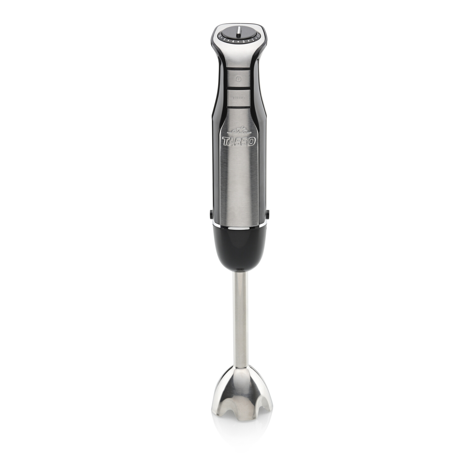 Edelstahl-Handmixer mit schwarzen Akzenten, auf weißem Hintergrund.