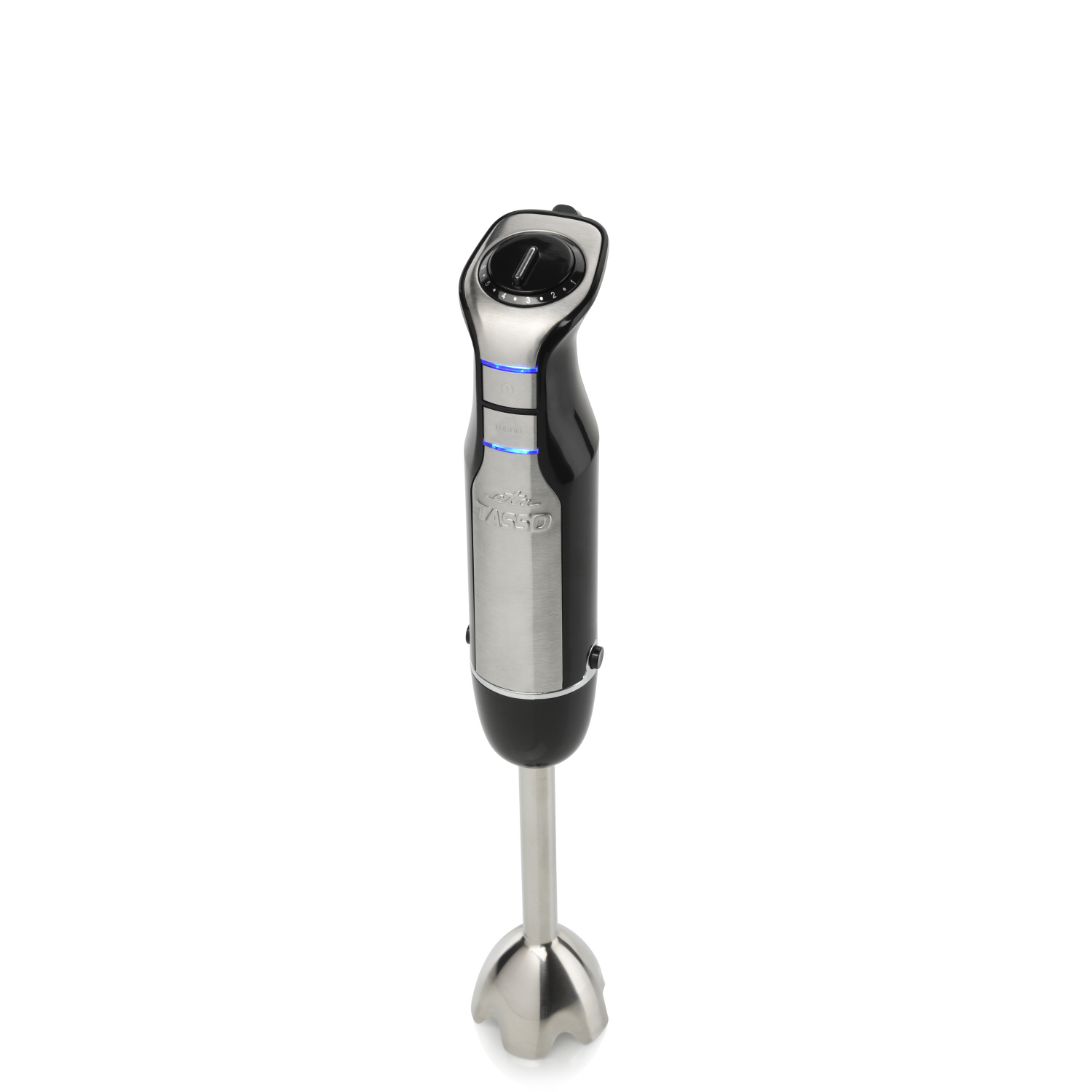 Ein schwarzer und silberner Stabmixer auf weißem Hintergrund. Der Mixer hat einen Metall-Mixkopf.