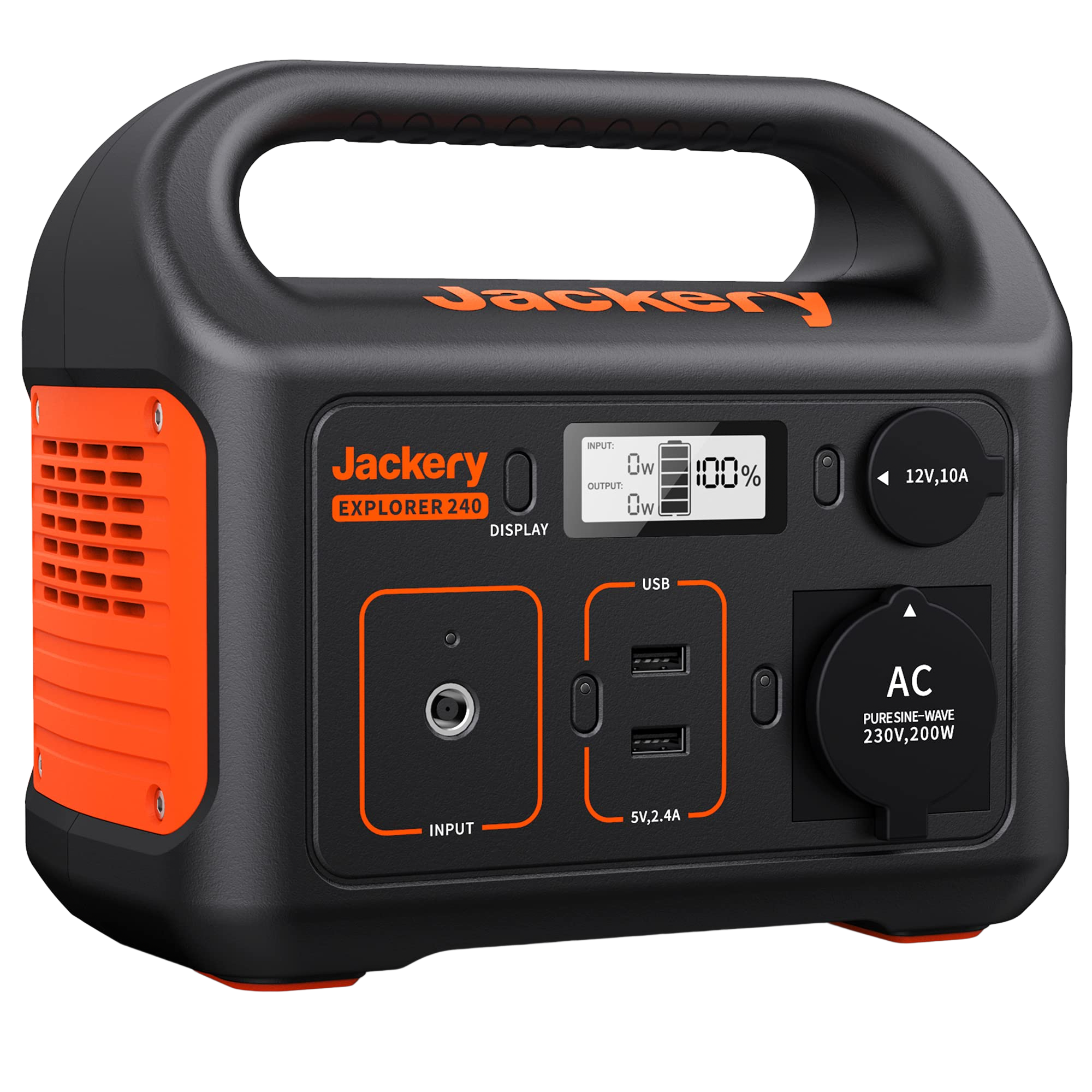 Zwart en oranje draagbaar energiecentrale met een display, ingang, USB-poorten en AC-uitgang. Zwarte achtergrond.