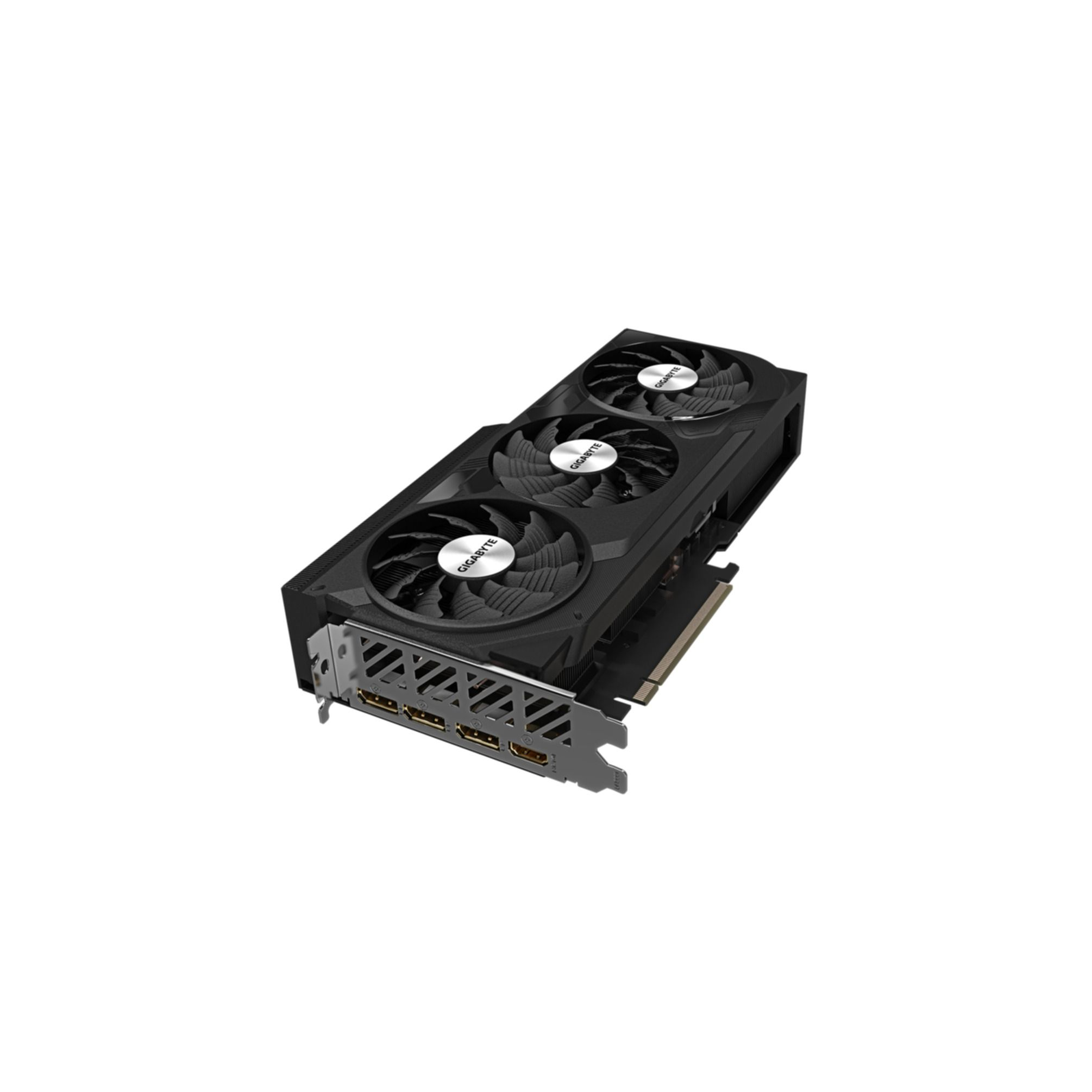Schwarze Grafikkarte mit drei Lüftern, HDMI-Anschlüssen und GIGABYTE-Logo, auf weißem Hintergrund.
