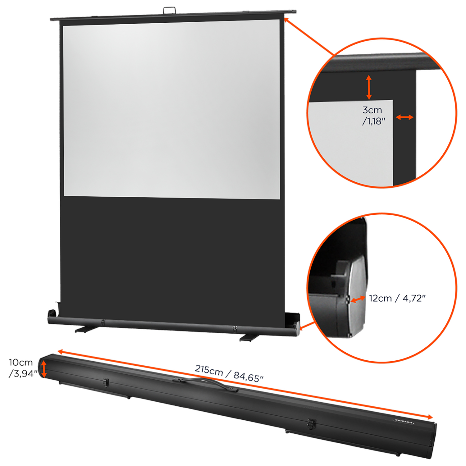 Eine Projektorleinwand ist aufgebaut. Auf dem Bild sind Messungen markiert.