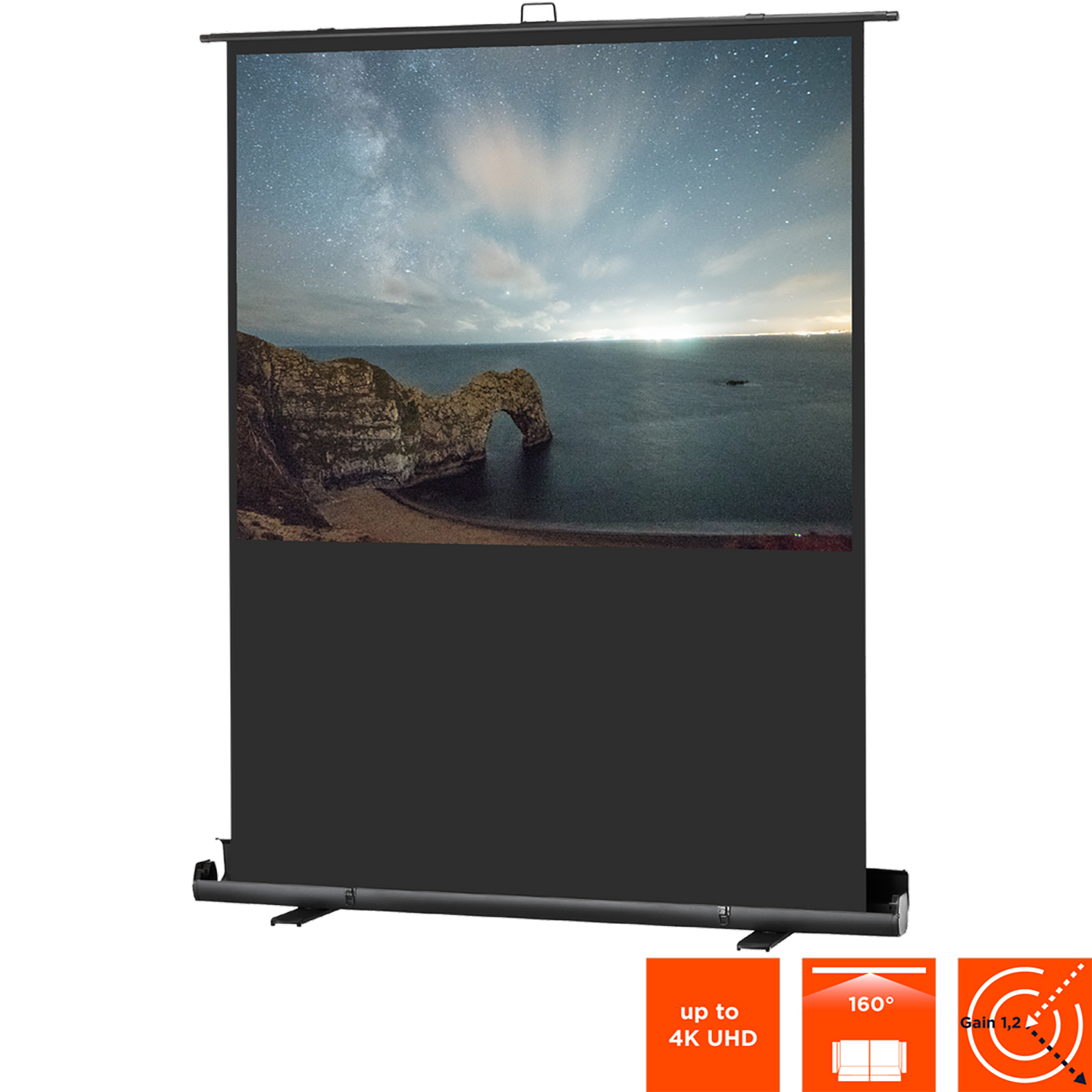Auf der Leinwand wird eine Strandszene gezeigt, mit Projektionsfläche und Symbolen darunter.
