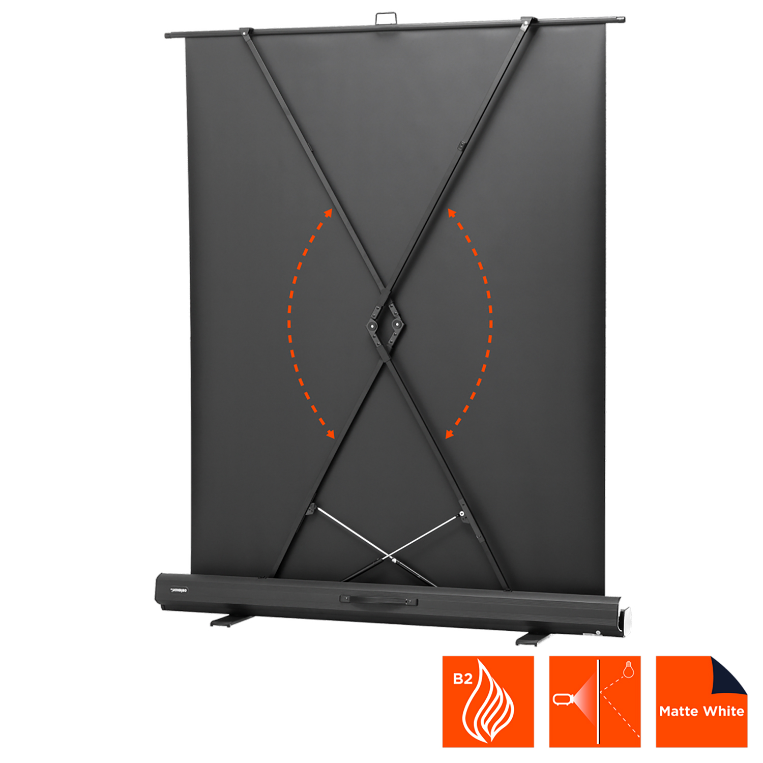 Schwarze Projektorleinwand, mit Pfeilen, die zeigen, wie sie bewegt werden kann. Weiße Symbole unten.