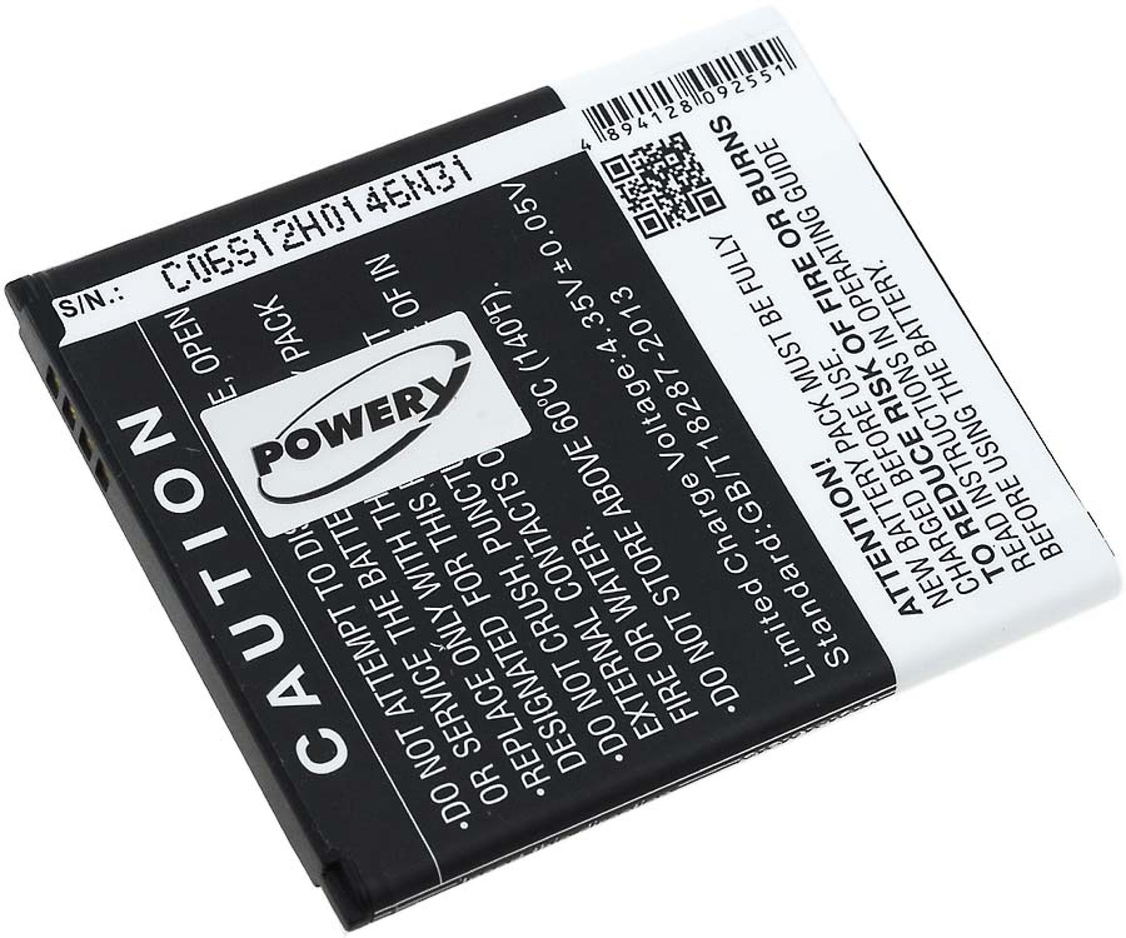 Una batería con una etiqueta. La etiqueta tiene texto y un código QR. Es blanco y negro.