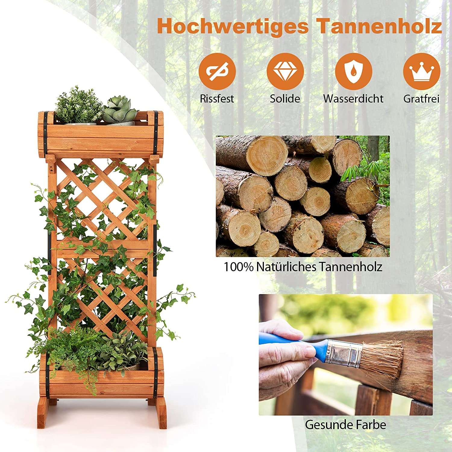 Holzpflanzer mit Pflanzen und Baumhintergrund. Text und Symbole sind im Bild vorhanden.