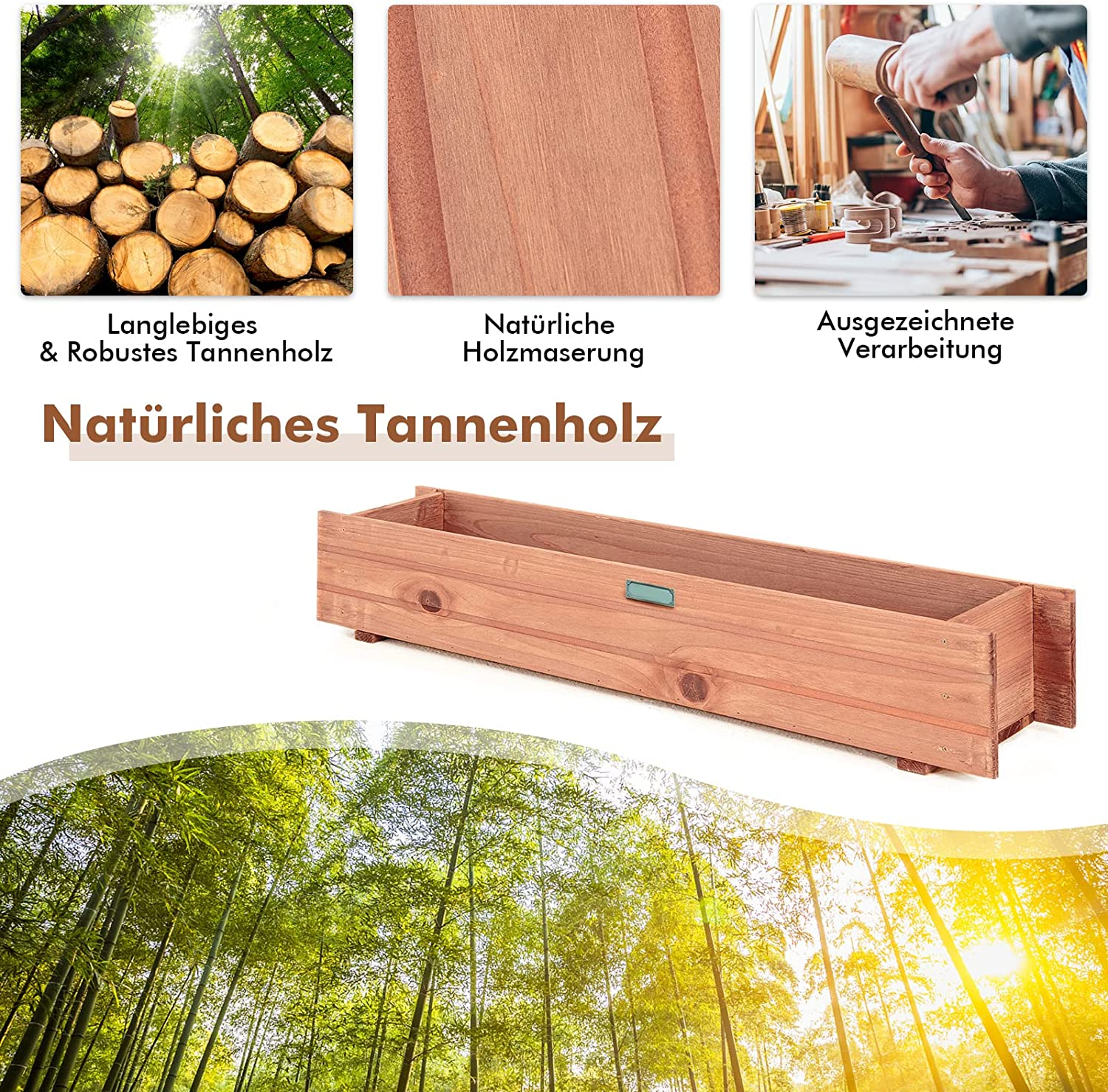 Holzkasten mit drei Bildern von Holzmaserung und Verarbeitung.