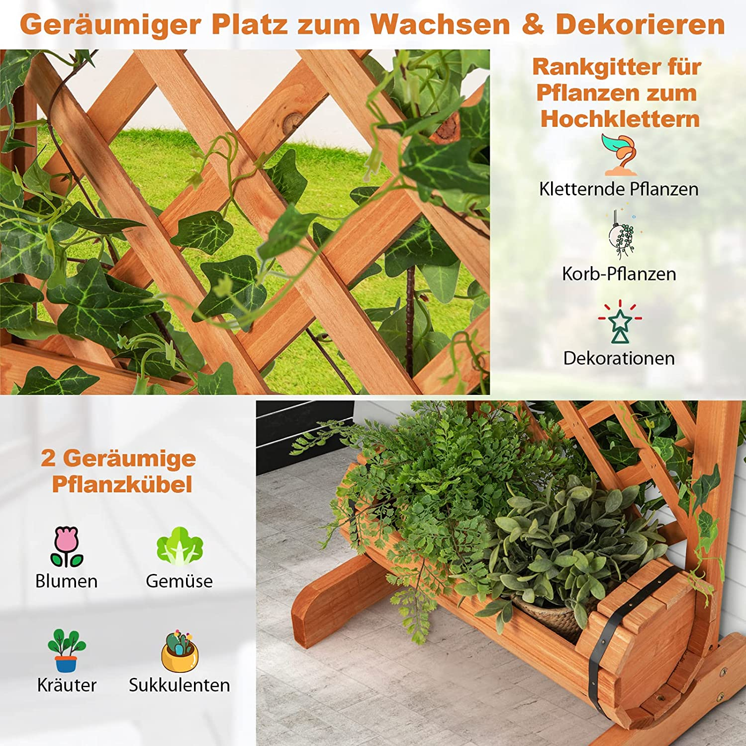 Ein Holzgitter mit Pflanzen und Töpfen, plus detaillierter Text auf Deutsch über Pflanzen und Dekoration.