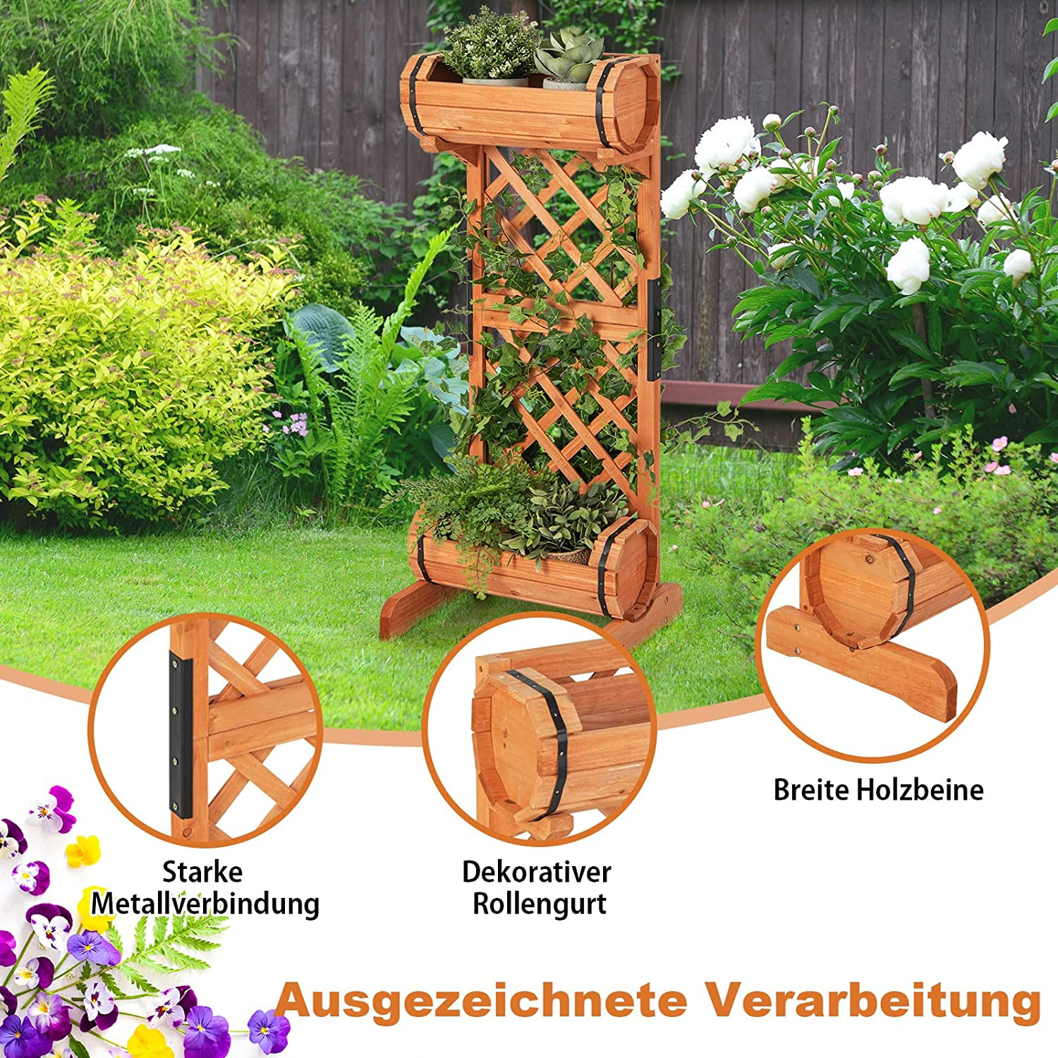 Pflanzenständer aus Holz mit drei Ebenen und Gartenhintergrund, plus Nahaufnahmen von Ständerdetails.