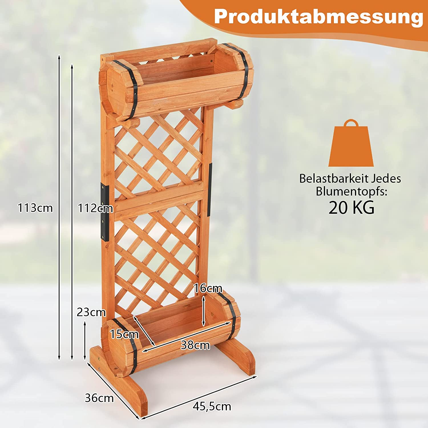 Holzbepflanzer mit Abmessungen und Text auf Deutsch.