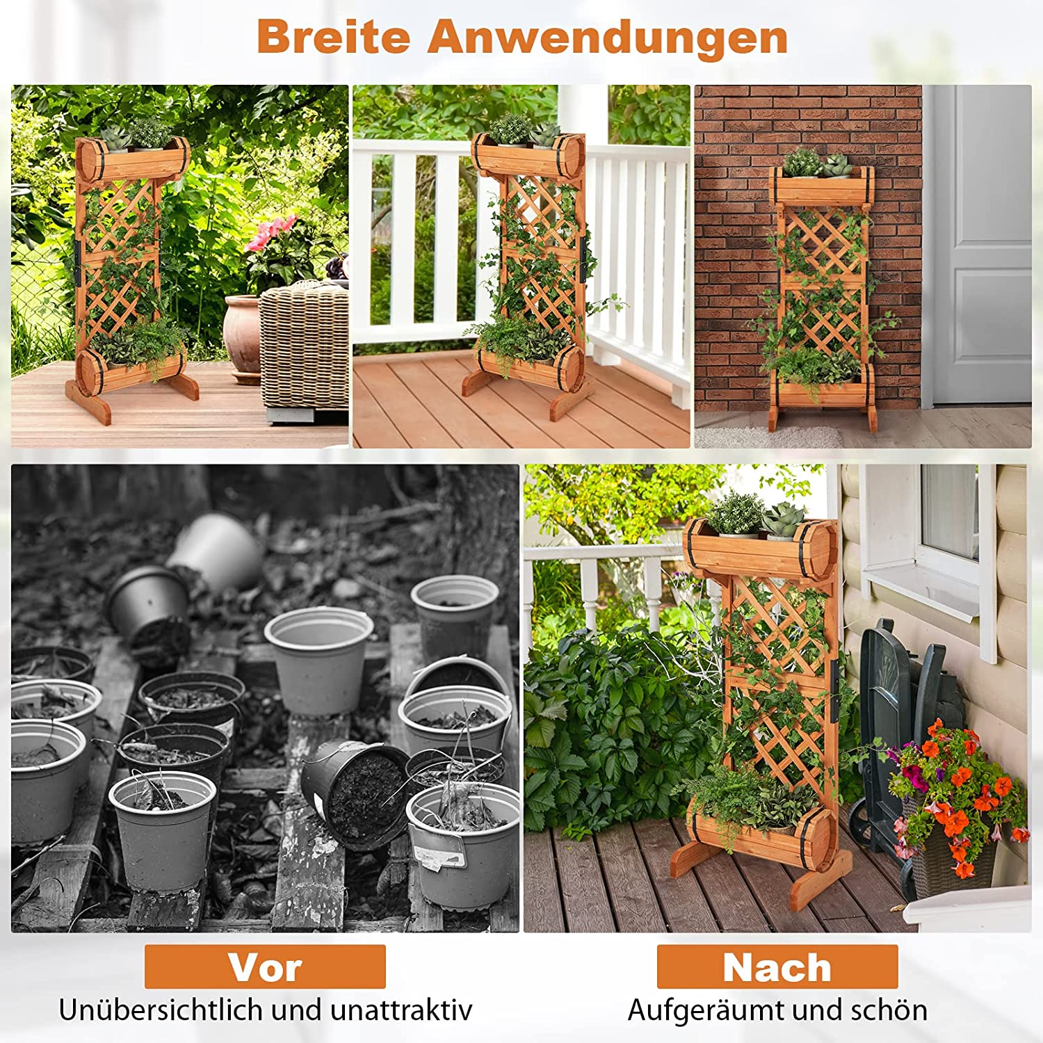 Vorher/Nachher-Bilder eines Gartens, die Pflanzbehälter zeigen.