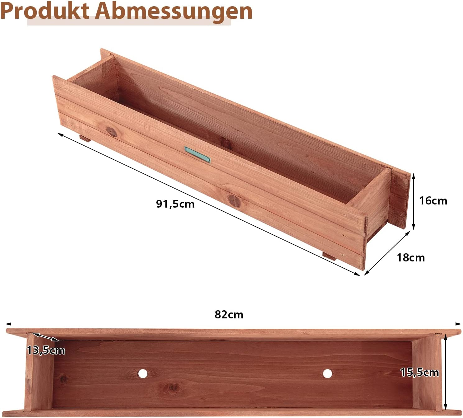 Pflanzkasten aus Holz mit Maßen. Braunes Holz mit beschrifteten Abmessungen.