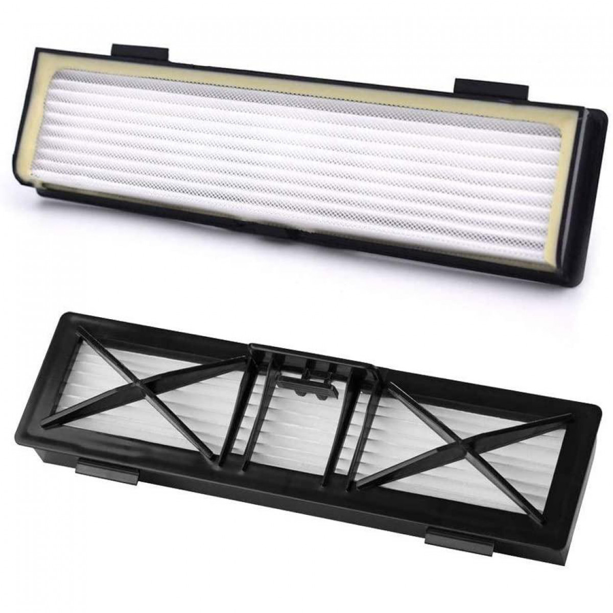 Dwa prostokątne filtry powietrza, jeden widok z góry, jeden z dołu, z białym filtrem w środku.