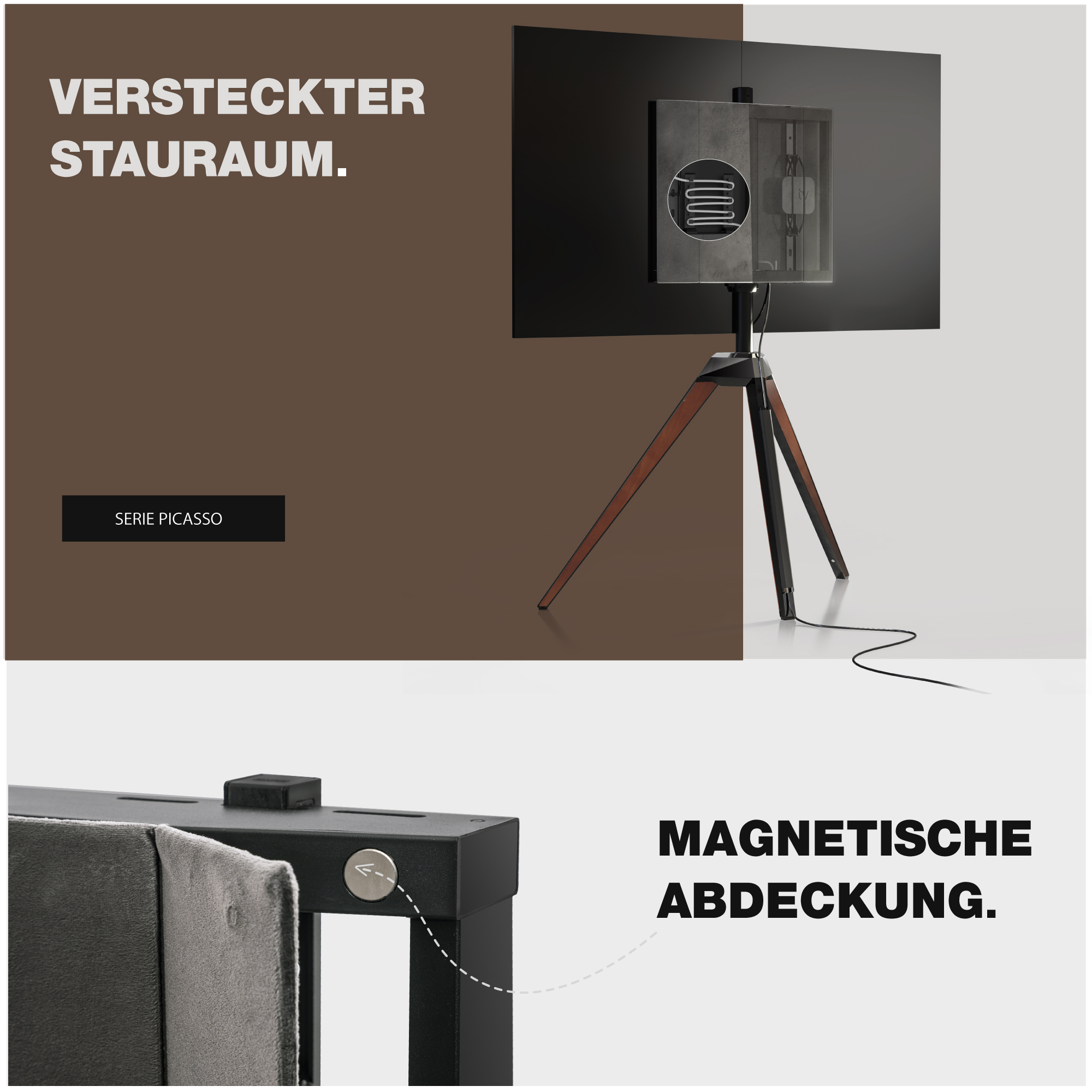 Ein Fernseher auf einem Stativ mit dunkelbraunem Hintergrund und dem Text: 'VERSTECKTER STAURAUM.'
