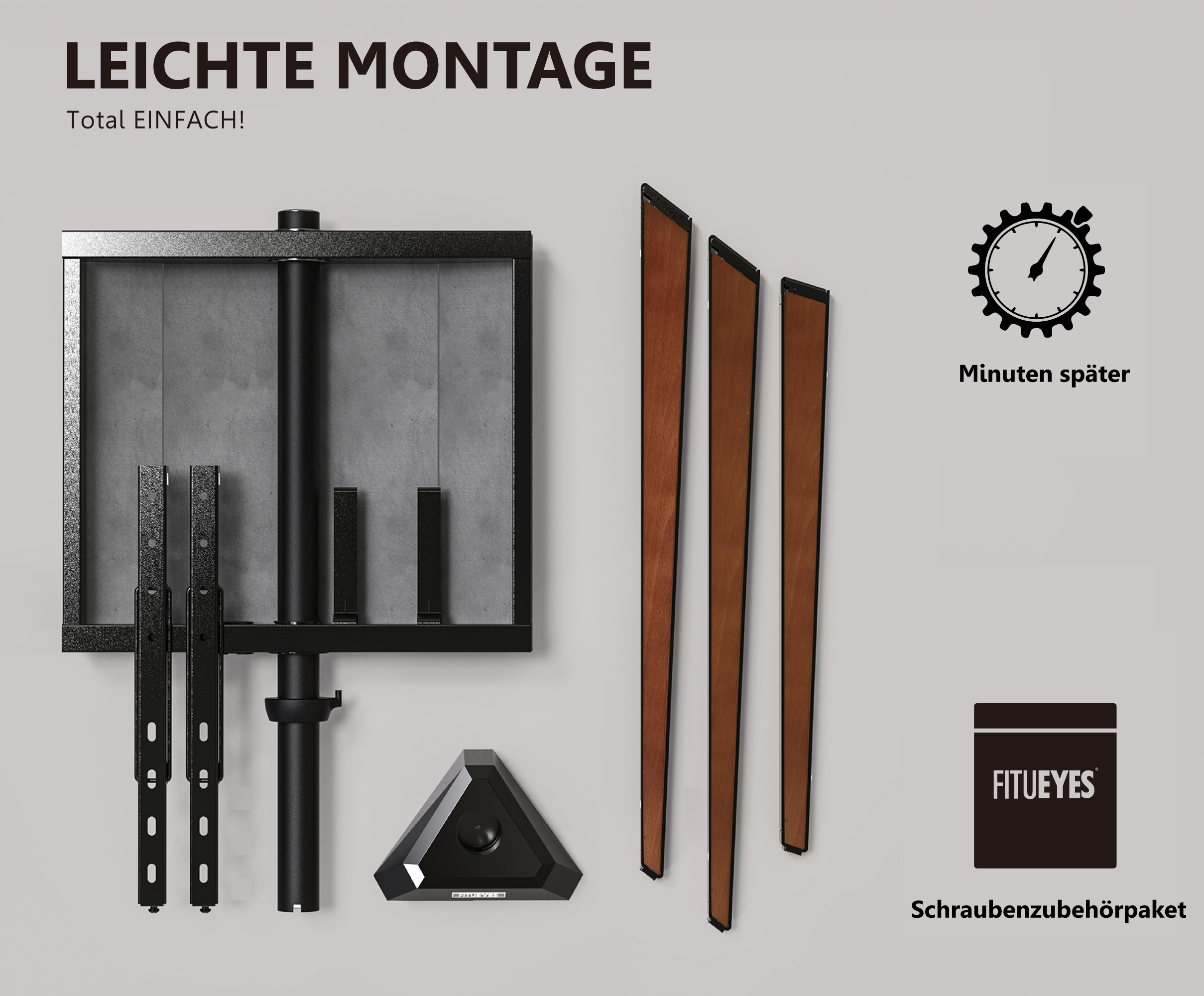 Montagekomponenten für eine TV-Halterung. Enthält Metallhalterungen, Holzbeine und eine zentrale Montageeinheit.