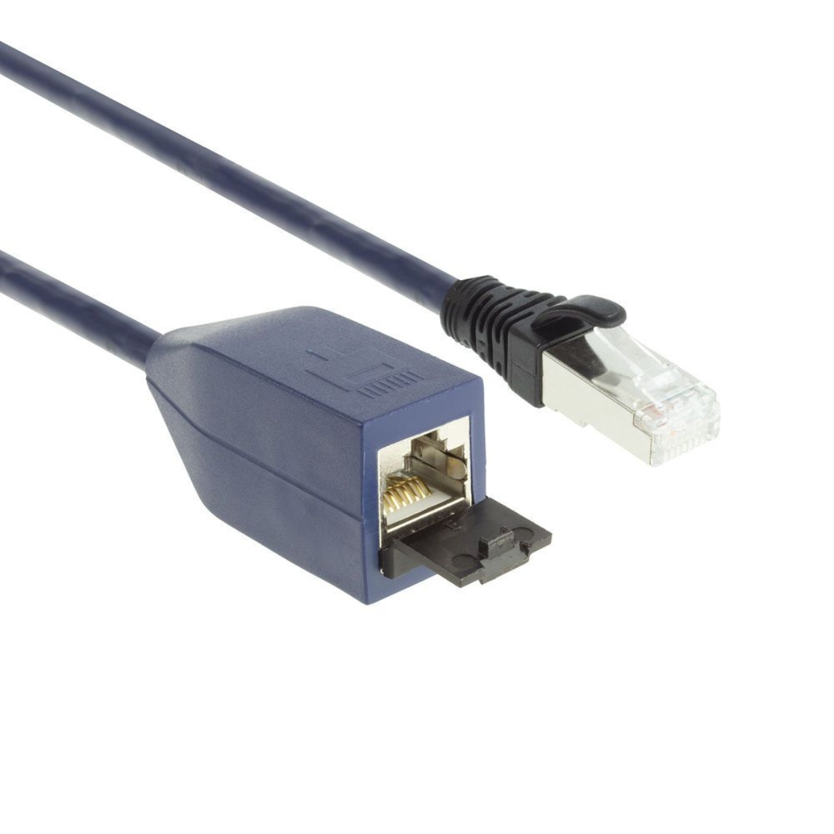 Câble Ethernet bleu avec prise et boîtier de protection. Le connecteur est visible.