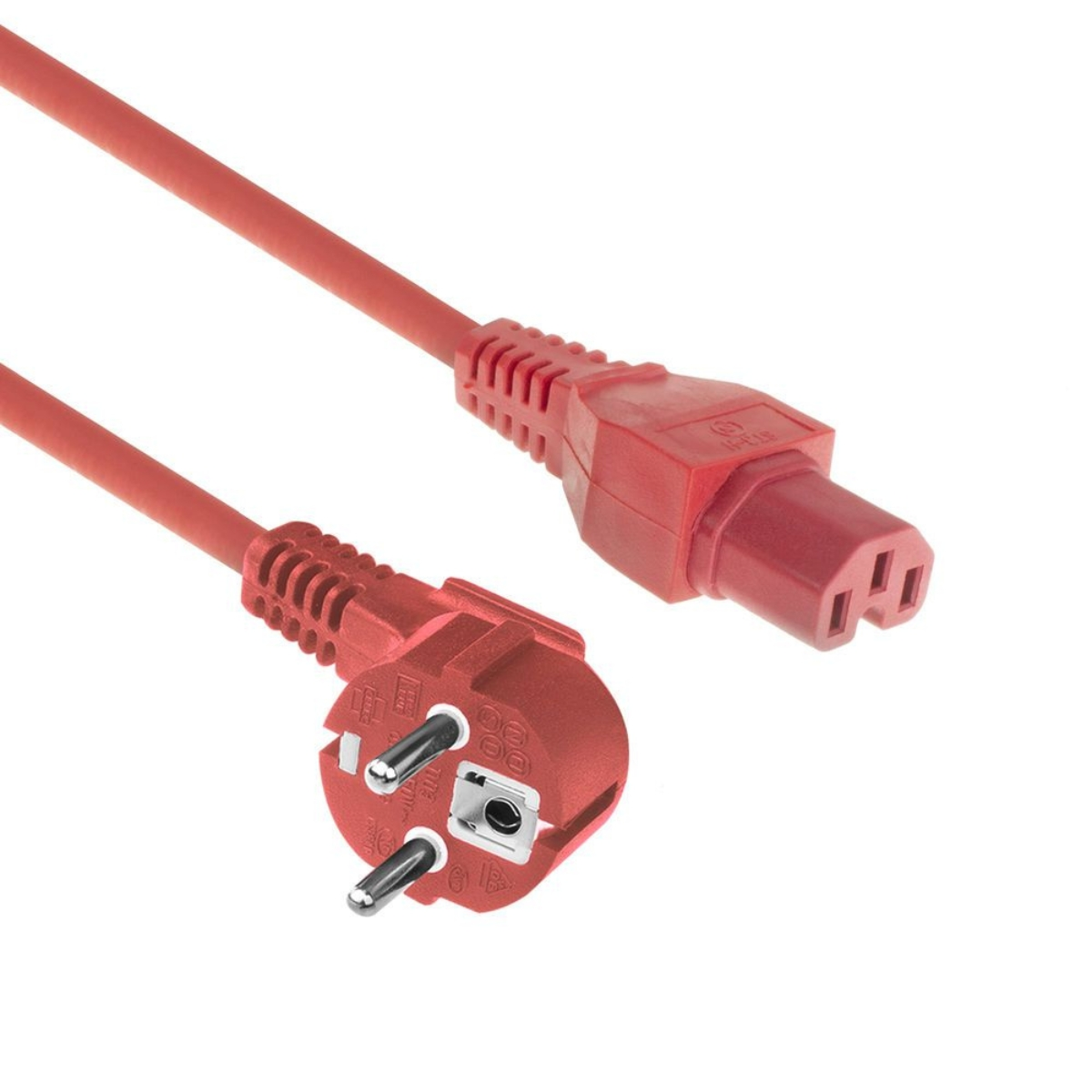 Rotes Netzkabel mit zwei Steckern. Einer ist ein EU-Stecker, der andere ein C13-Anschluss.
