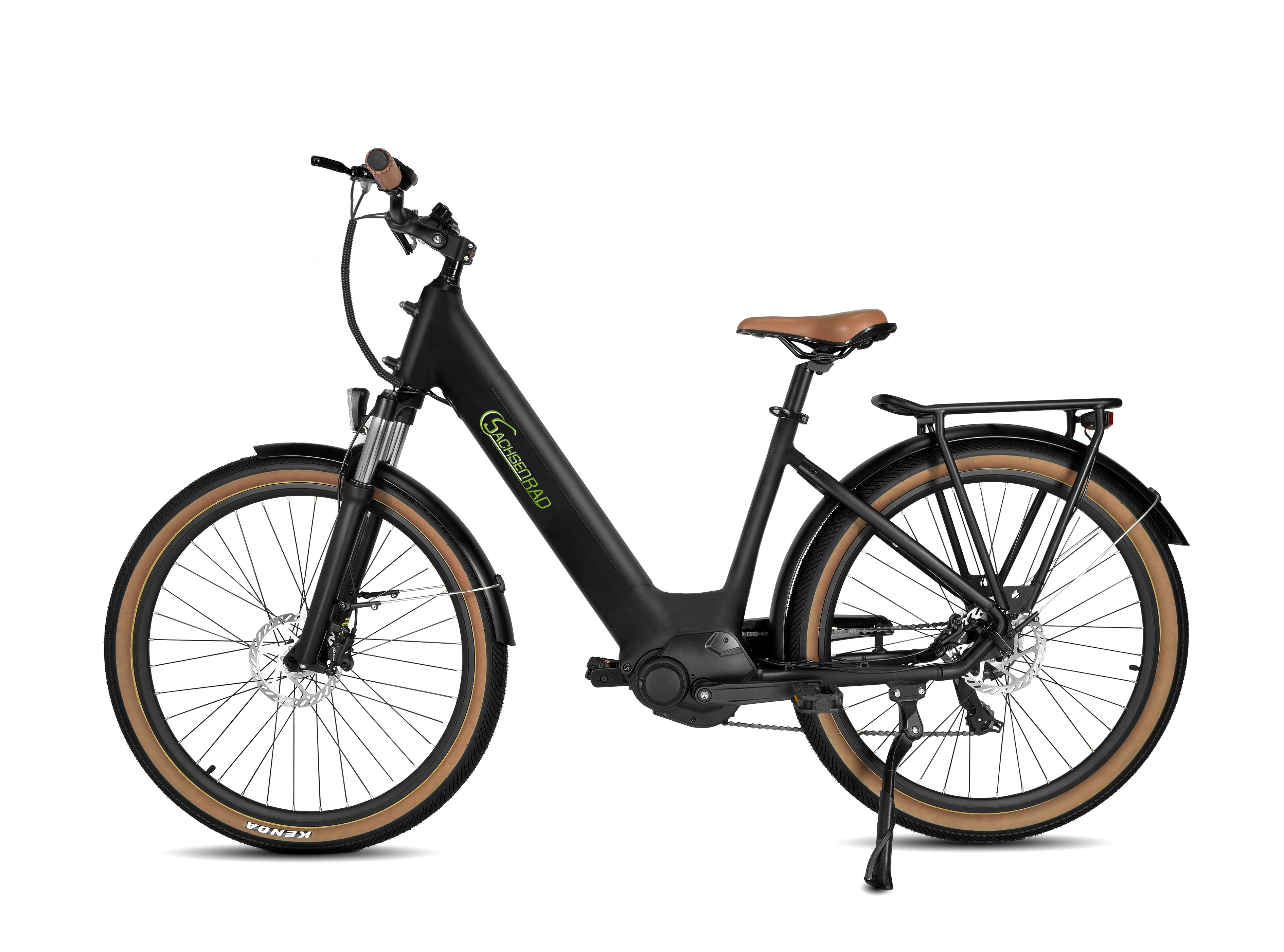 Zwarte elektrische fiets. Een zwarte elektrische fiets met bruin zadel en banden.
