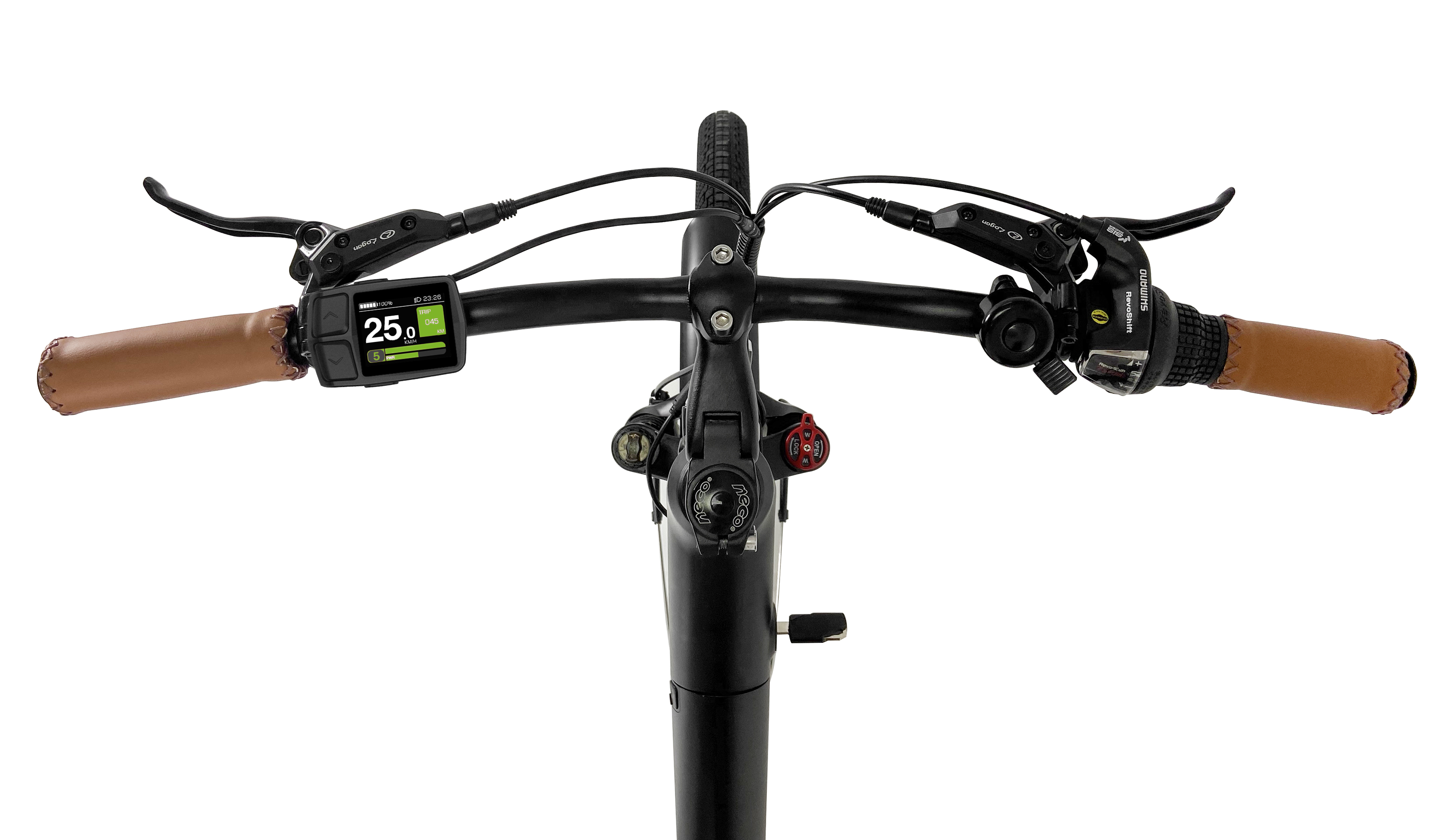 Bovenaanzicht van een fietsstuur met leren handvatten. Het display toont de snelheid.