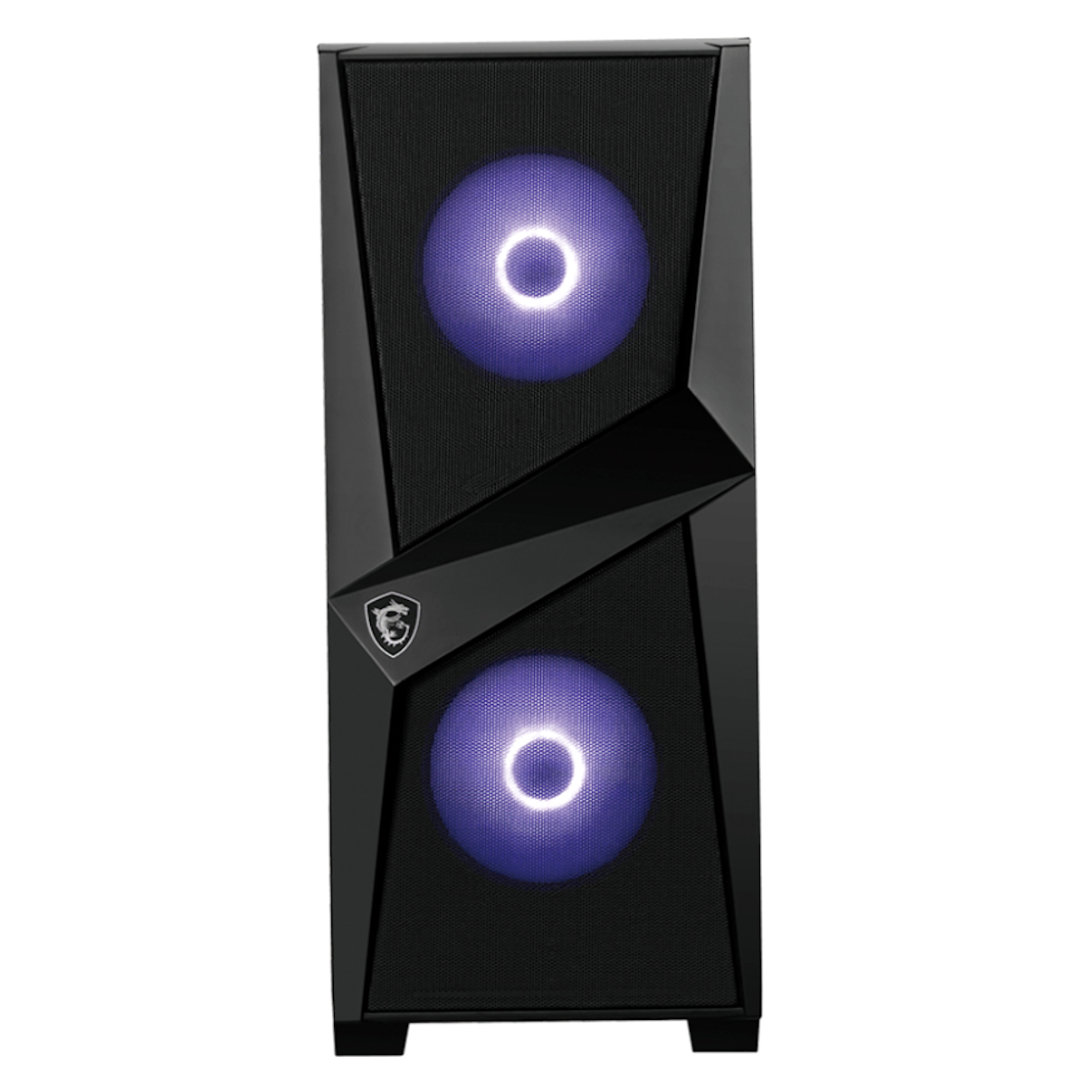 Caja de ordenador negra con dos ventiladores morados iluminados, frontal de malla.