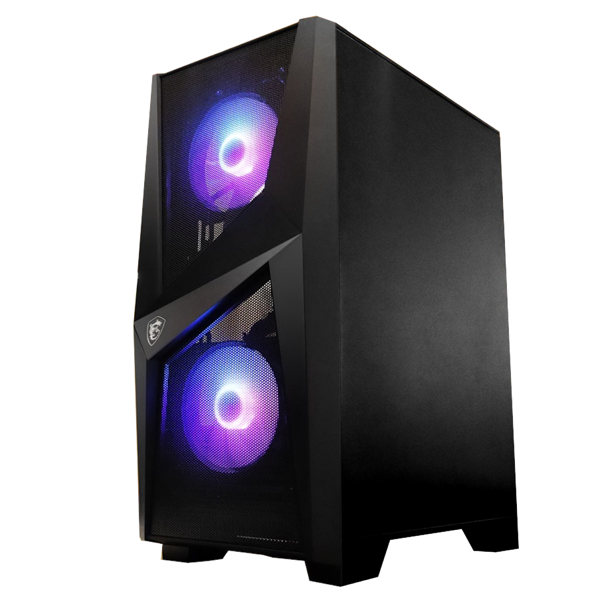 Una caja de PC gaming MSI negra con dos ventiladores que emiten luz azul y morada. Frontal de malla.