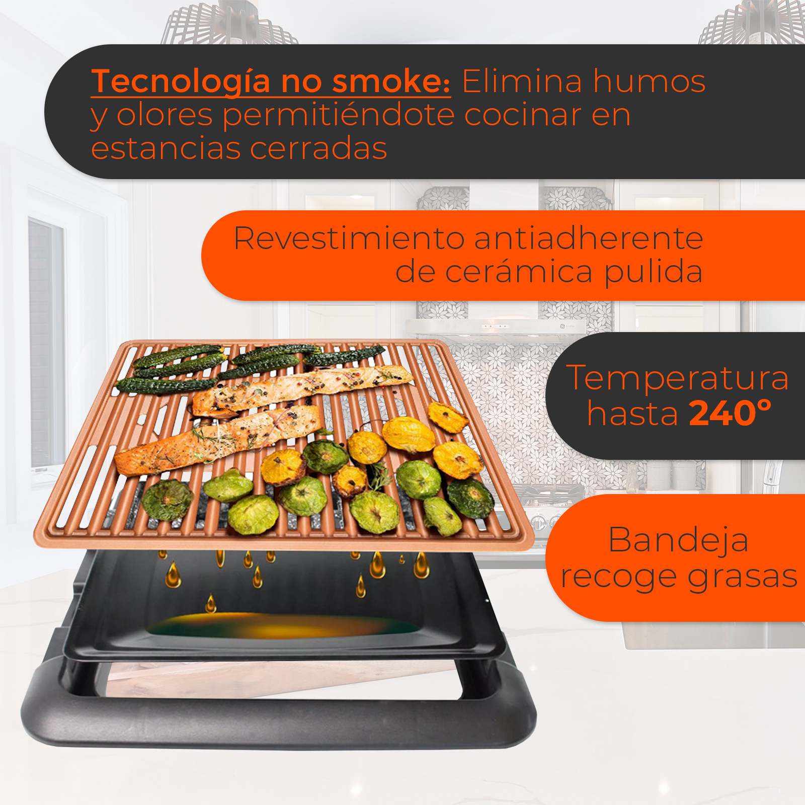 Una parrilla con comida y texto. La parrilla está llena de comida, el texto está en español, el fondo es blanco.