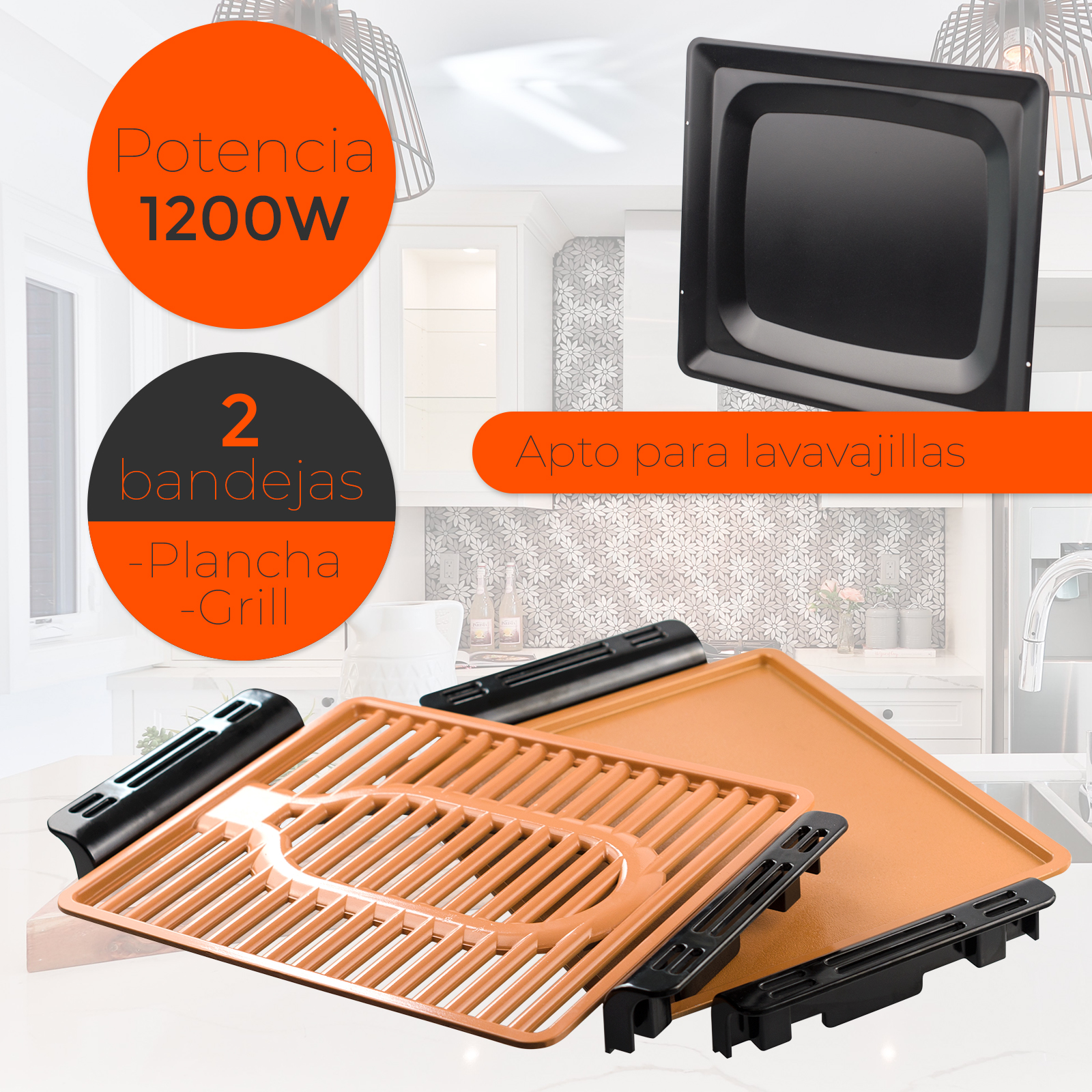 Accesorios de horno naranja y negro. Incluye bandejas y parrilla. Fondo blanco.