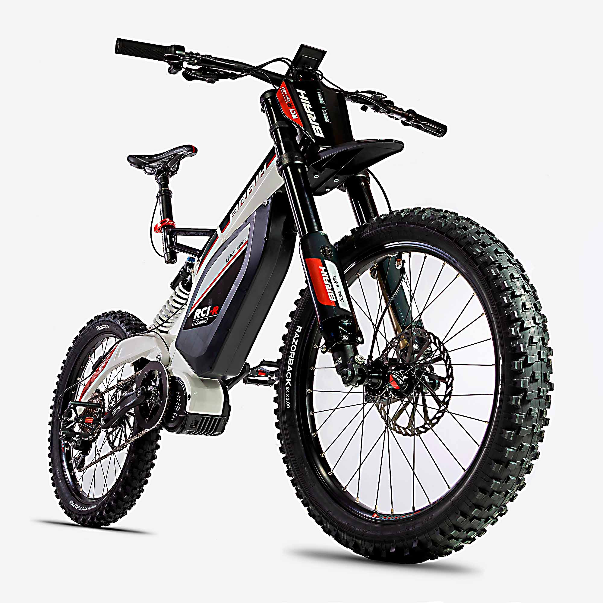 Bicicleta de montaña eléctrica en blanco y negro sobre fondo blanco.