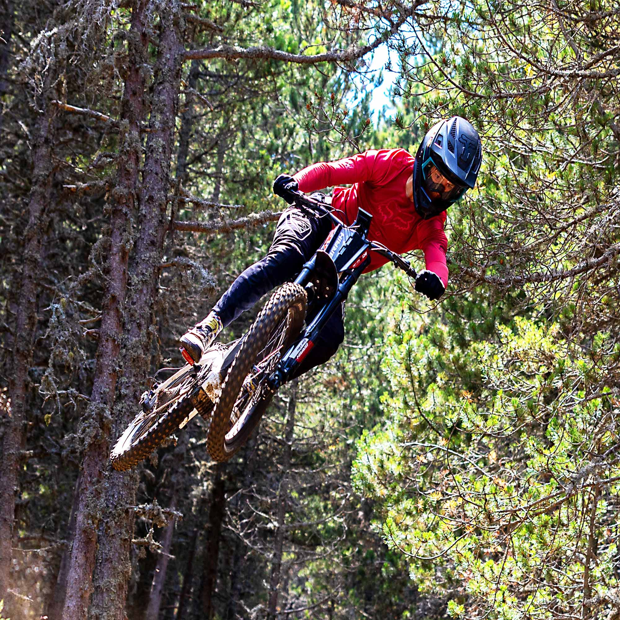Un ciclista de montaña con camisa roja está en el aire, andando en bicicleta por un bosque. Los árboles rodean la escena.