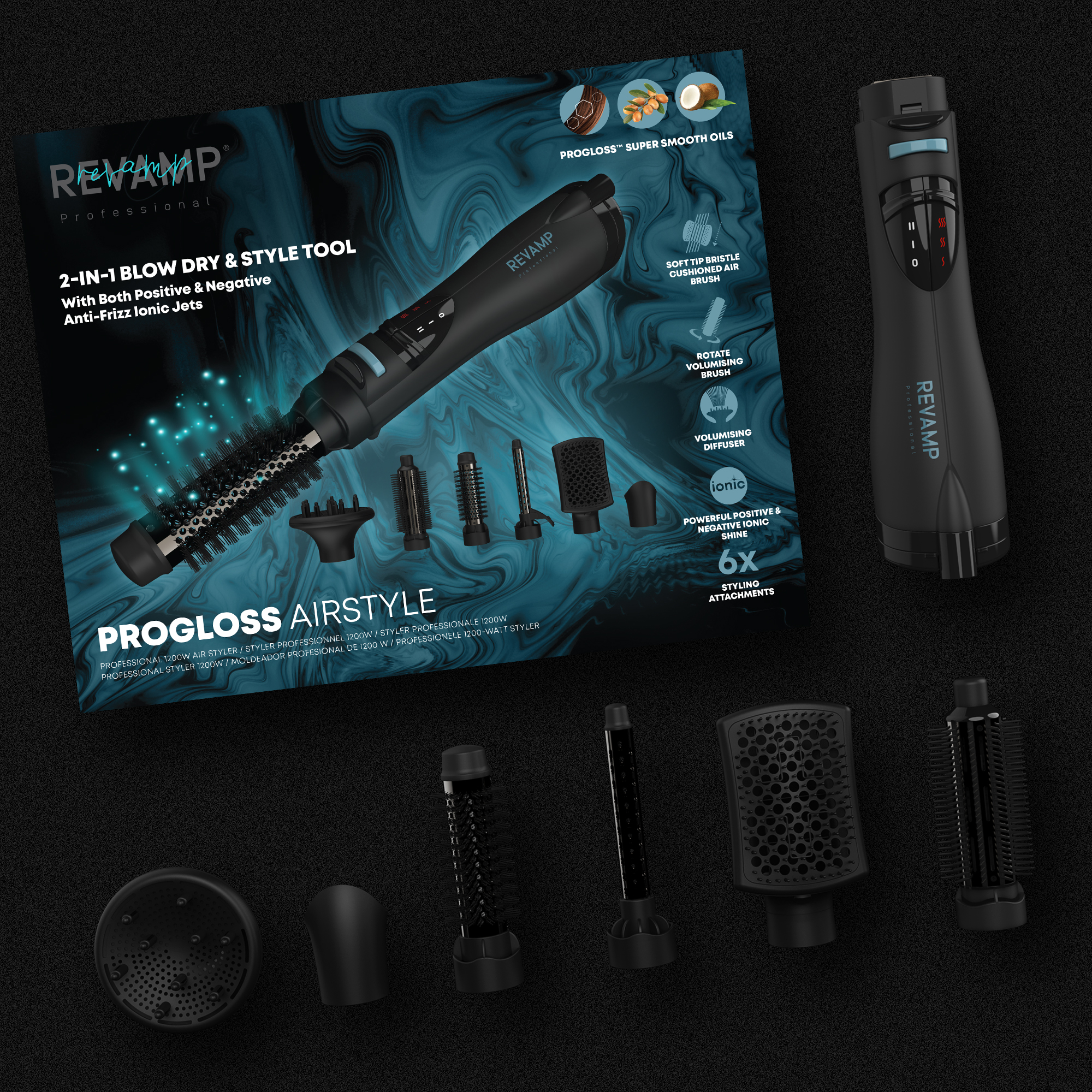 Revamp Progloss Airstyle Haarstyler-Kit mit Aufsätzen, Produktbox und Styler auf dunklem Hintergrund.
