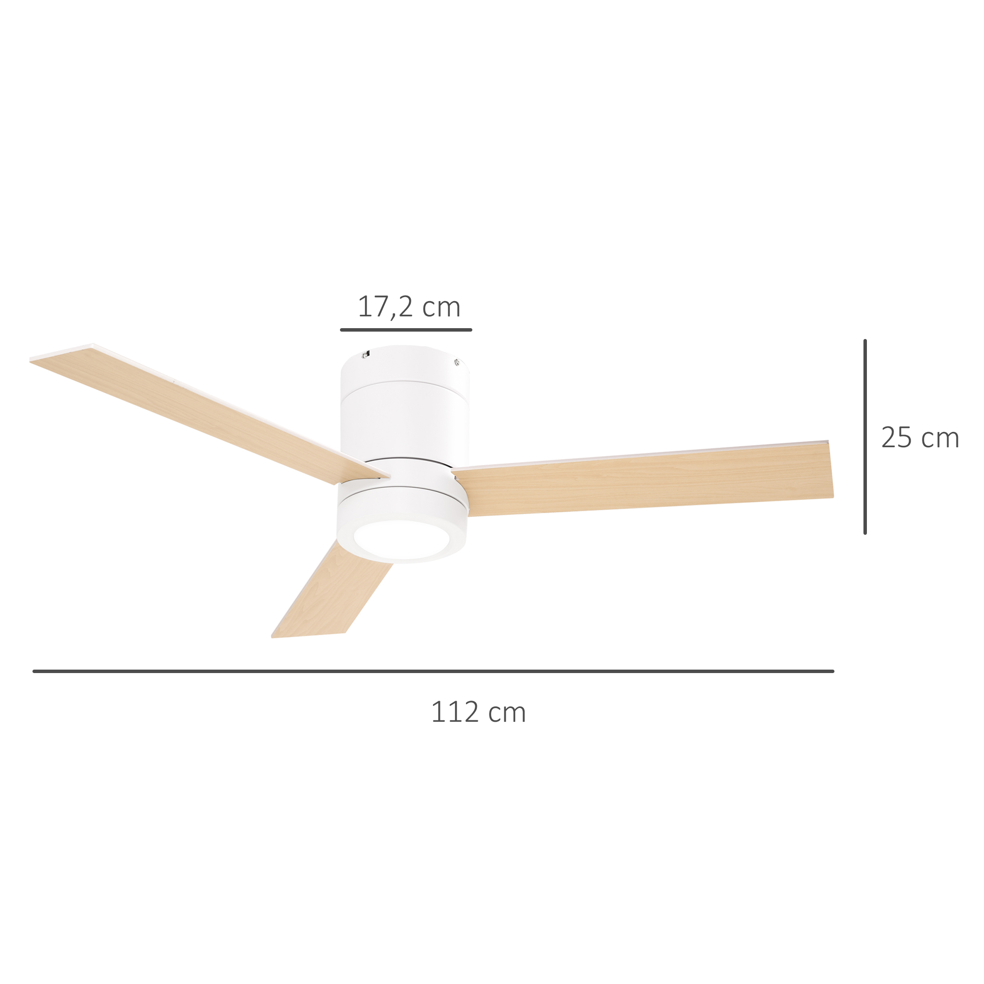 Ventilador de techo blanco con tres aspas de madera. Se muestran medidas de 17,2 cm, 25 cm y 112 cm.