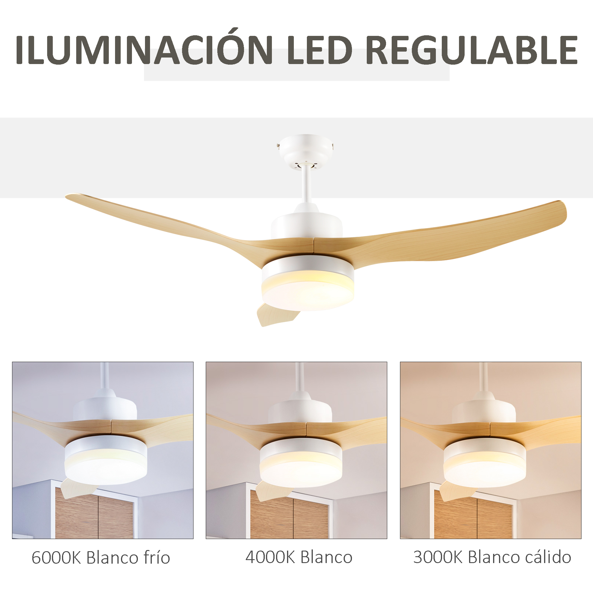 Ventilador de techo blanco con tres aspas y tres ejemplos de configuración de luz.