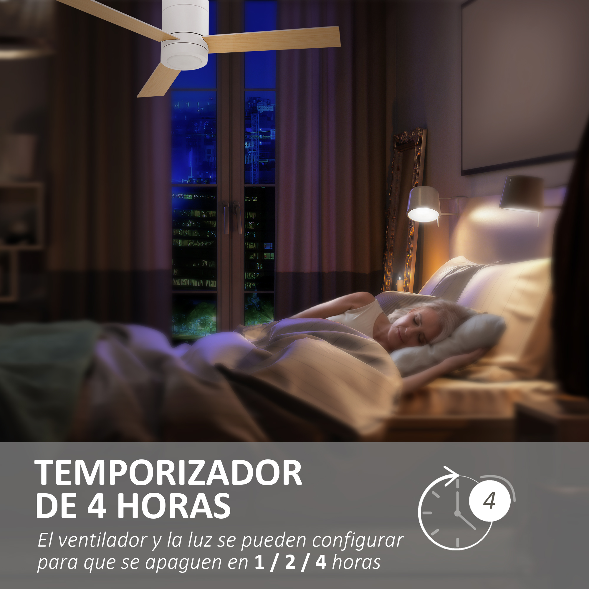 Escena de dormitorio con una mujer durmiendo. Un ventilador en el techo y un icono de temporizador.