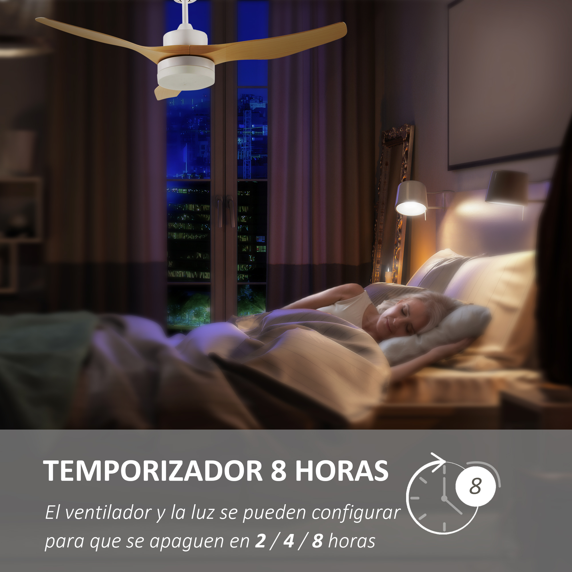 Una mujer durmiendo en la cama. Un ventilador de techo está encima de ella, y el texto describe un temporizador.