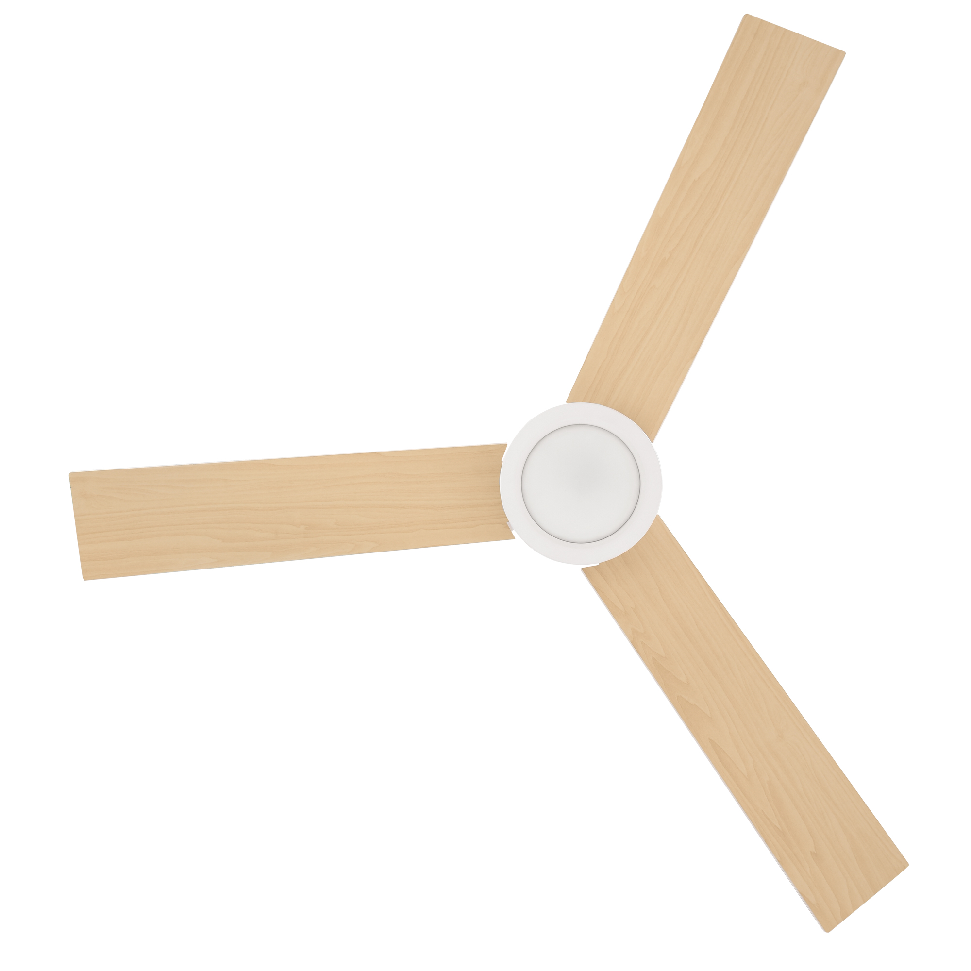Ventilador de techo de tres aspas con aspas de madera clara. Centro blanco, fondo blanco.