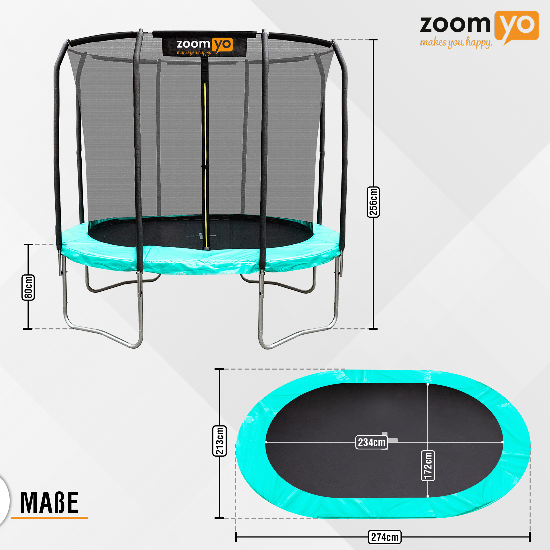 ZOOMYO Trampolin,oval,Leiter separat erhältlich,für komplexe schwarz-Grün Trampolin, Sprungtechniken