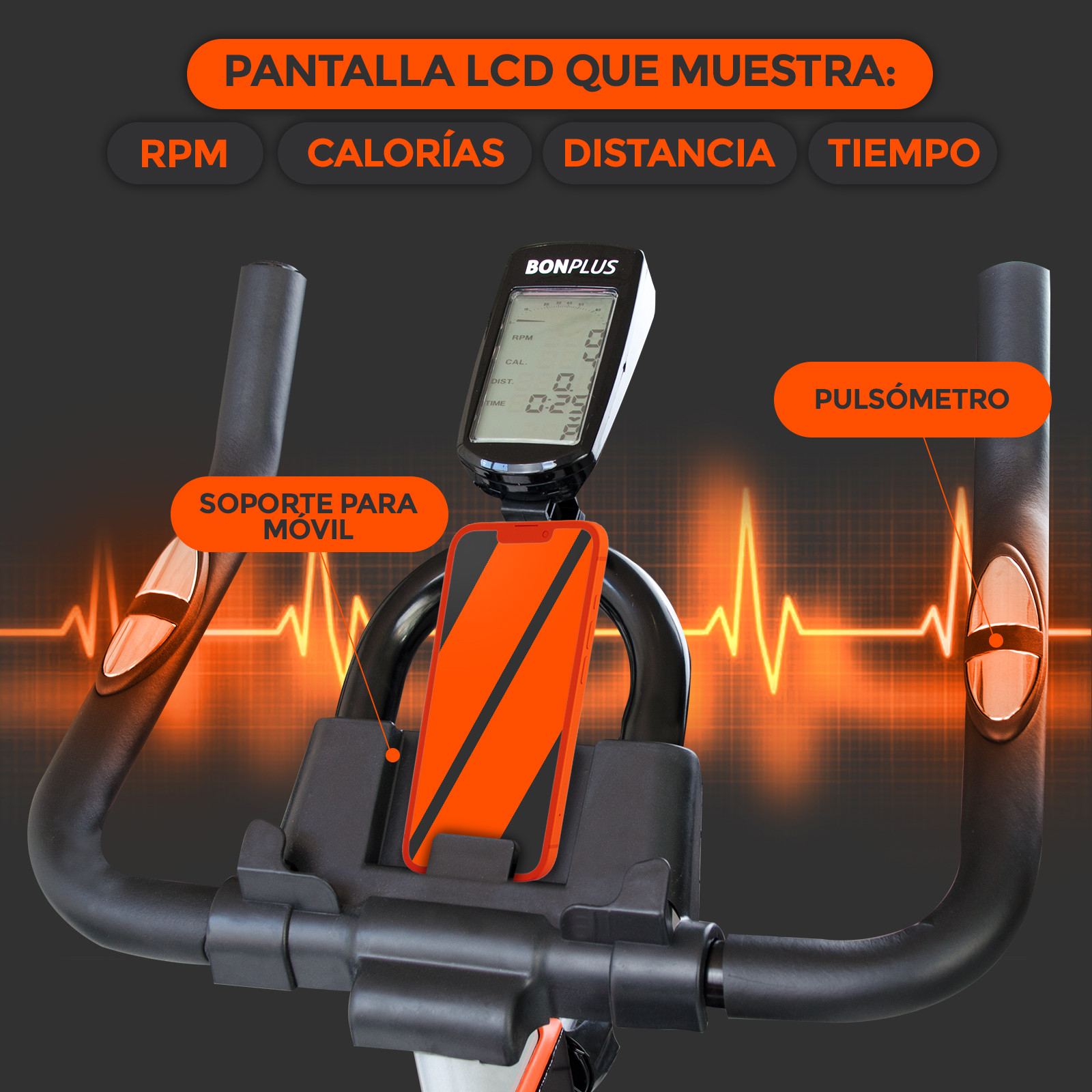 Bicicleta estática con pantalla LCD que muestra estadísticas, soporte móvil y detalles del sensor de frecuencia cardíaca.