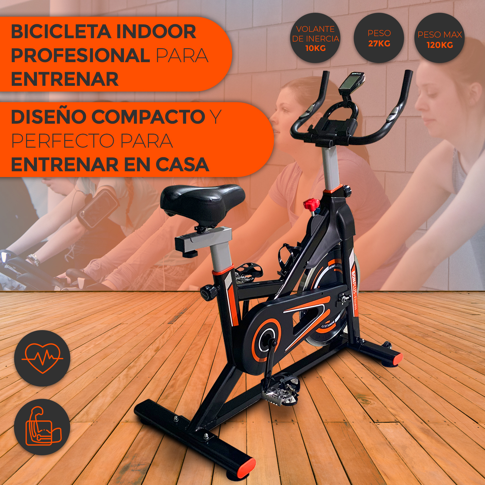 Bicicleta estática con dos mujeres, texto naranja e iconos en suelo de madera.