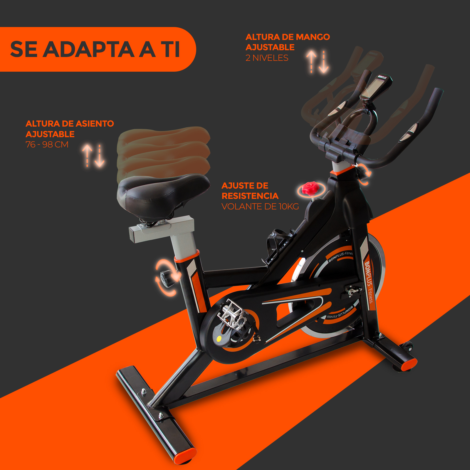 Bicicleta estática negra y naranja con piezas ajustables y etiquetas de texto.