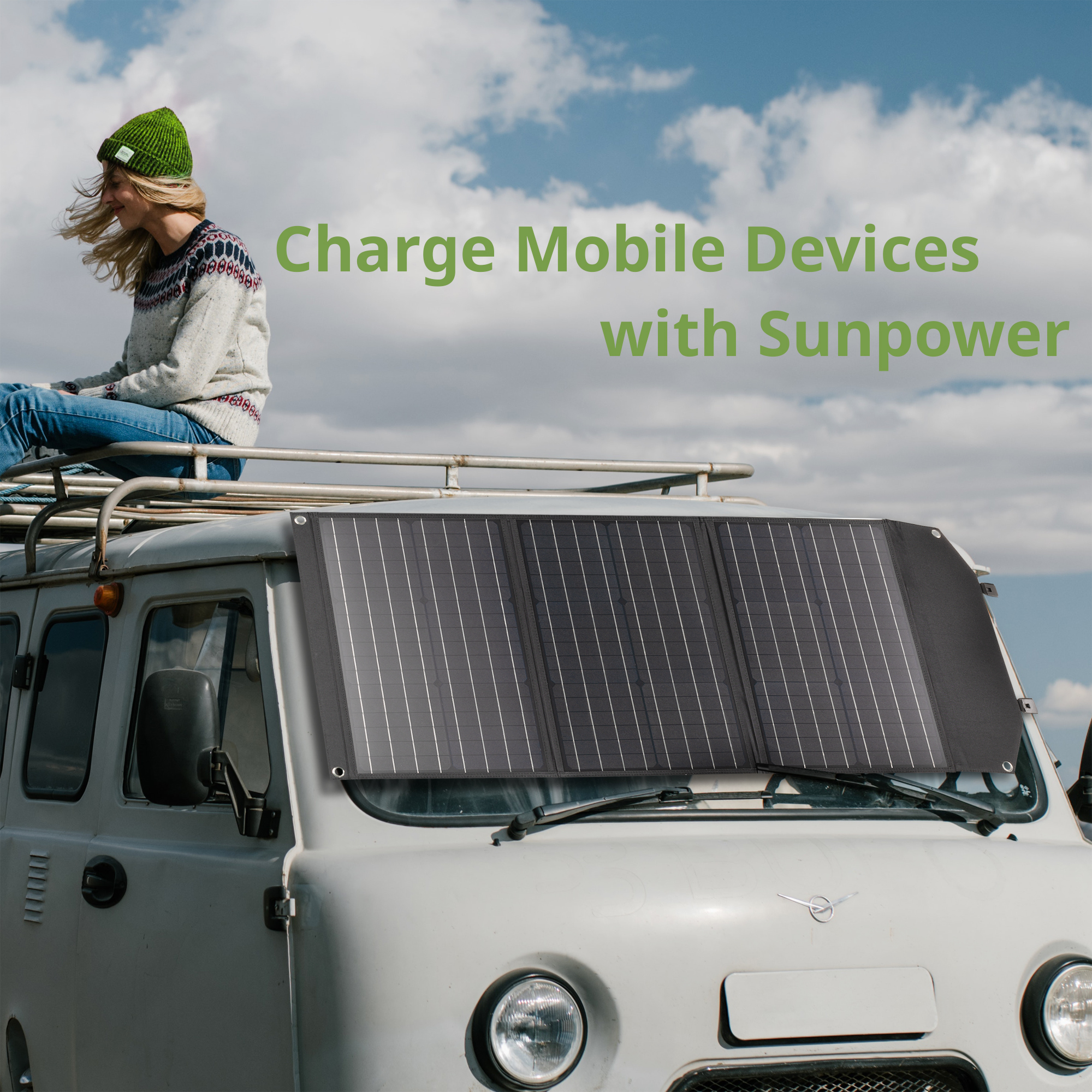 Eine Frau auf einem Van-Dach mit einem Solarpanel. Grüner Text lautet "Charge Mobile Devices with Sunpower".