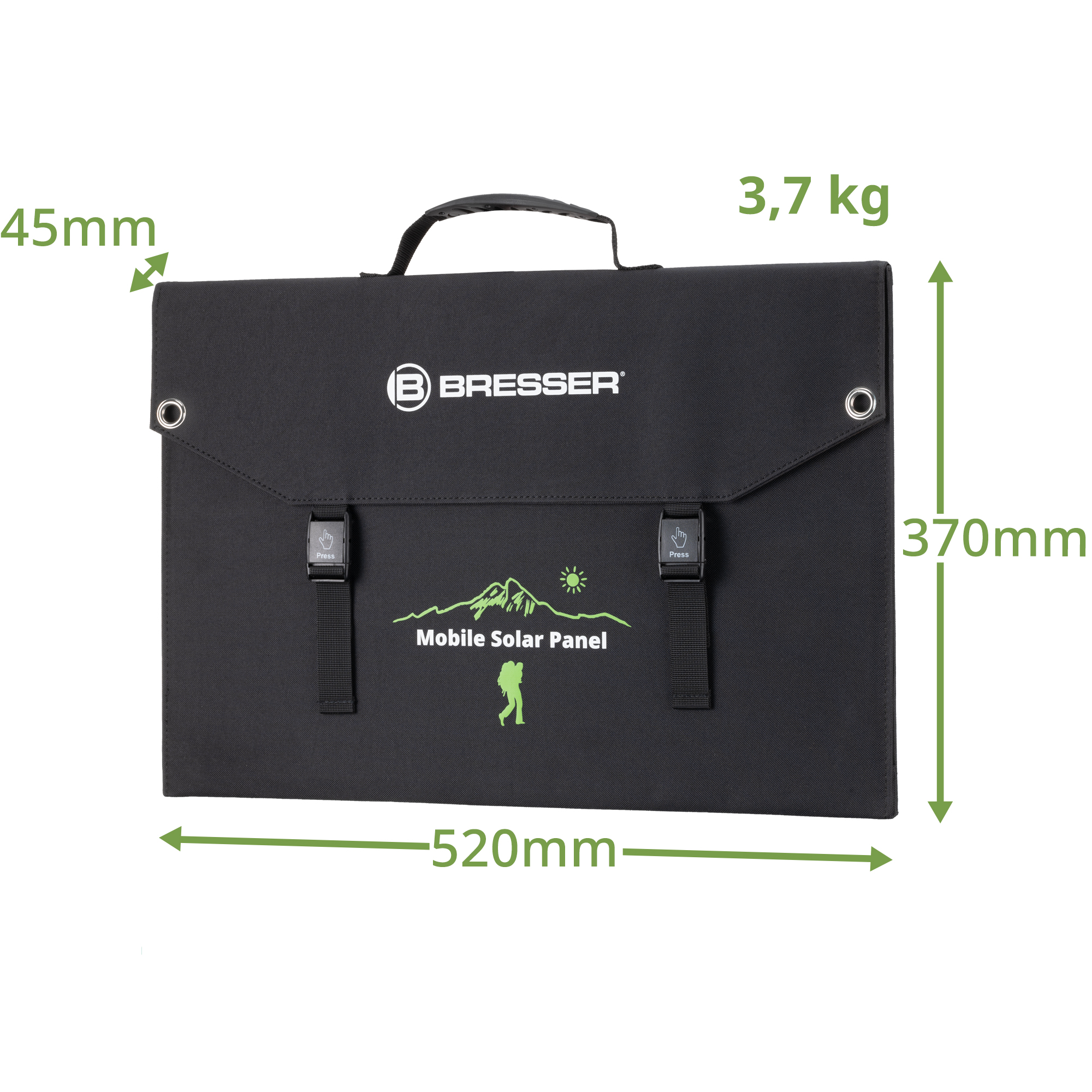 Schwarzes Solarpanel-Kit mit Abmessungen und Griff. Es hat ein grünes Logo und den Text Mobile Solar Panel.